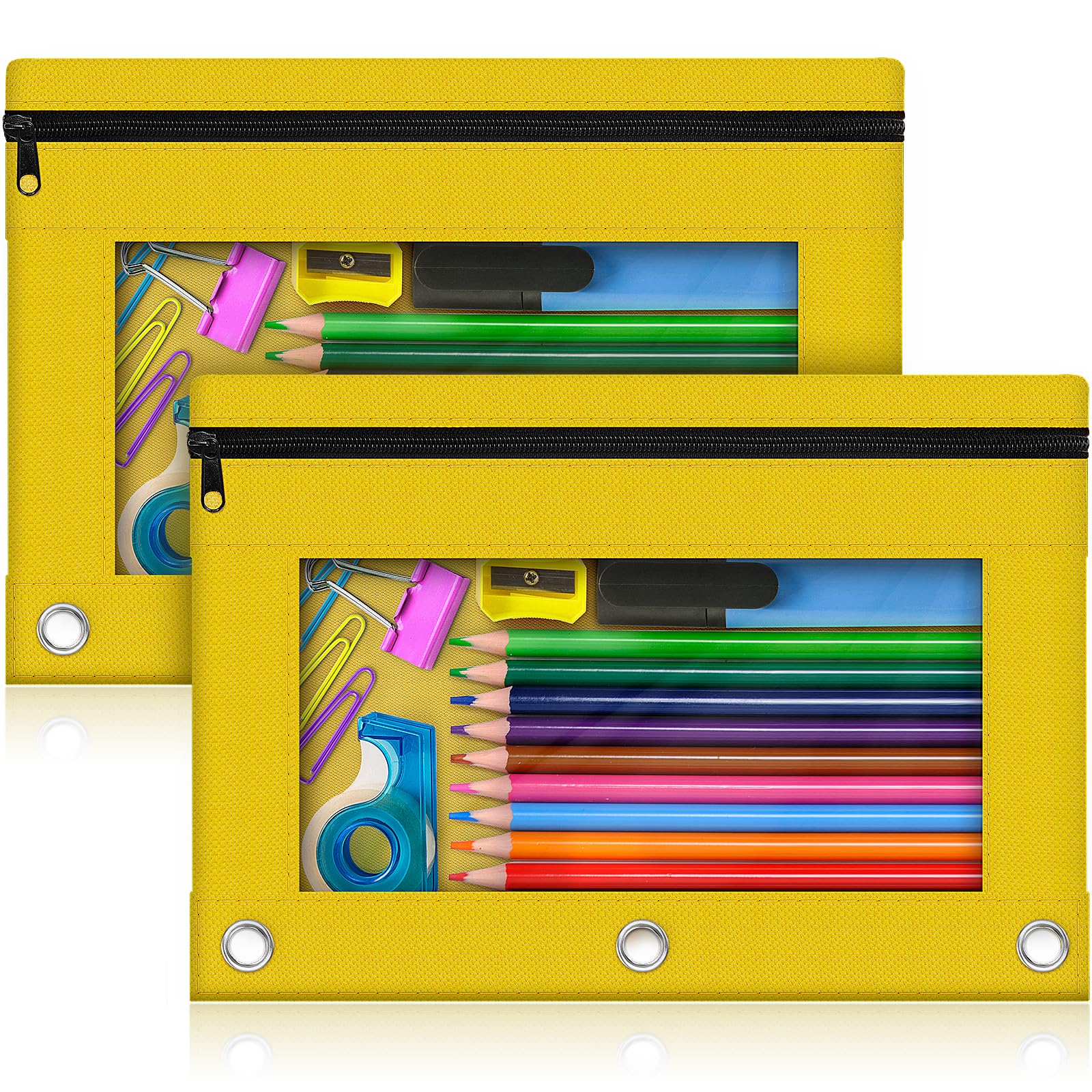 Pencil Pouch for 3 Ring Binder, 2 Pack Pencil Bags with Zipper, Yellow Pencil Case for Classroom School Office Supplies, Large Sturdy and Durable