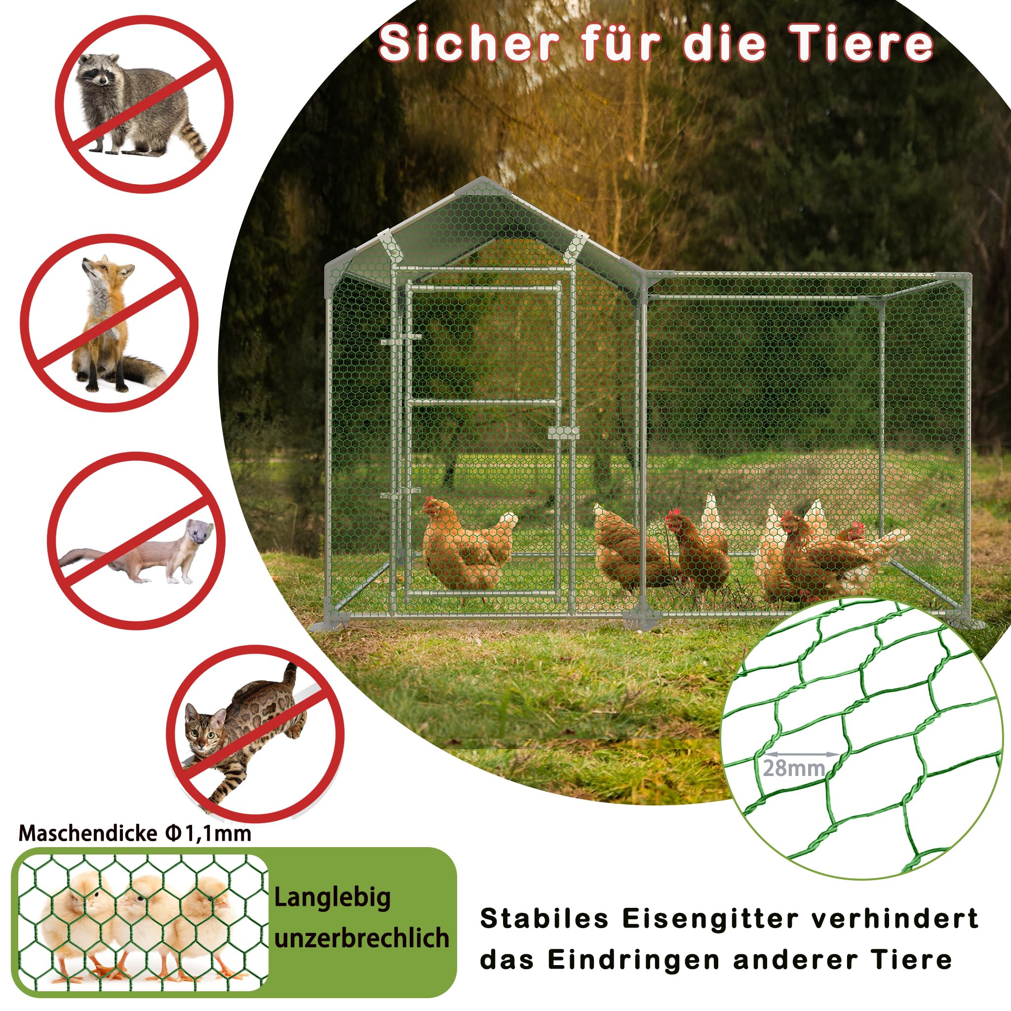 LILIIN Gallinero de 2 x 1 x 1,4 m, Acero Galvanizado, Jaula para Gallinas, Patos, Conejos y Gansos, Cercado al Aire Libre con Cerradura, Aviario para Aves de Corral y Animales Pequeños, Color Verde