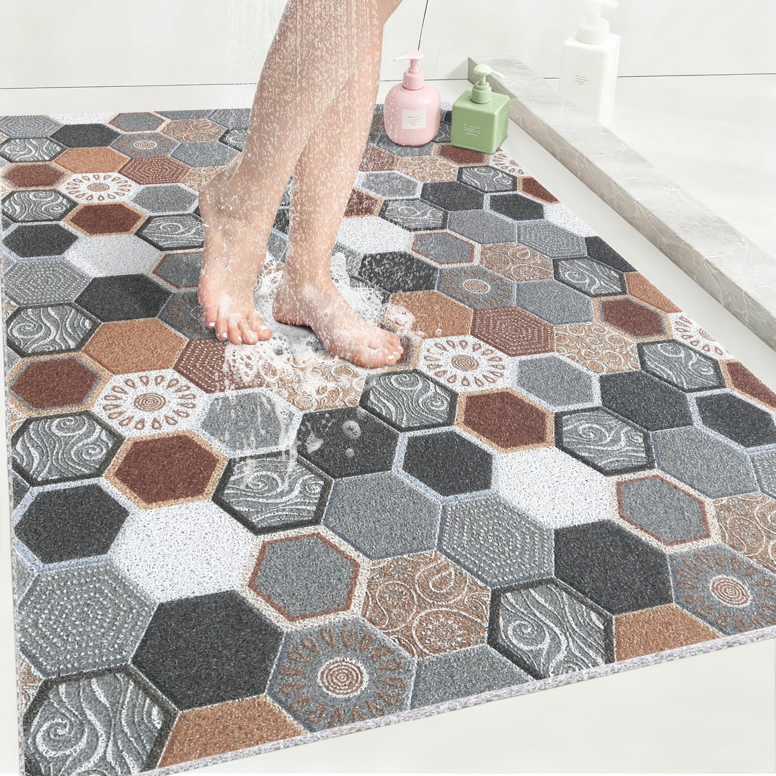 Extra Large Shower Mat Non Slip Anti Mould for Elderly: 80x120cm Quick Drain Loofah Shower Mats for Inside Shower, Soft PVC Non Slip Shower Tray Mat for Bathroom Holtel Wet Shower Areas, Cut to Size