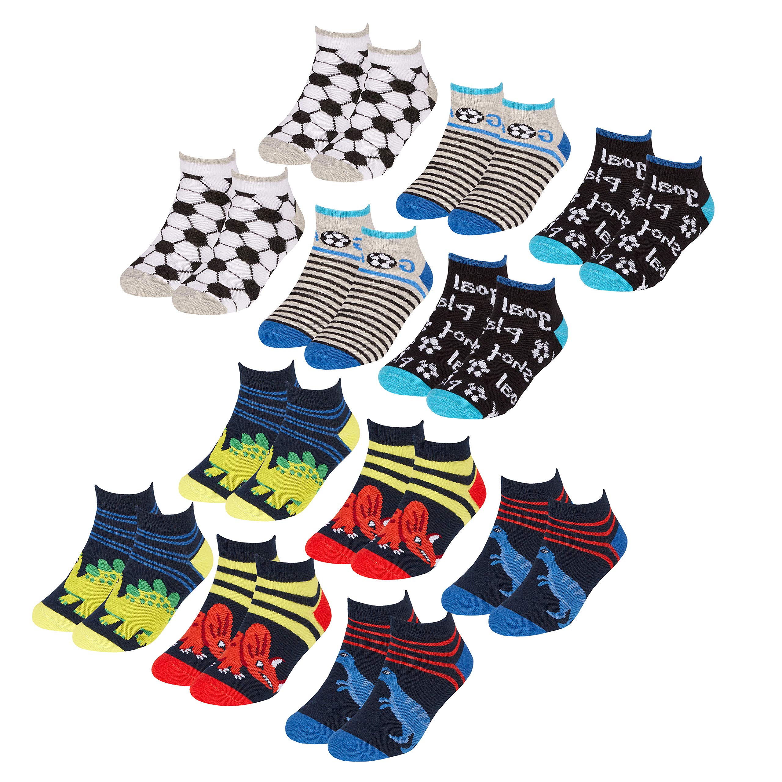 Metzuyan Boys Multibuy B - 12 Pairs Kids 12 Pairs Football Dino Cartoon Trainer Liner Socks Dino 12.5-3.5