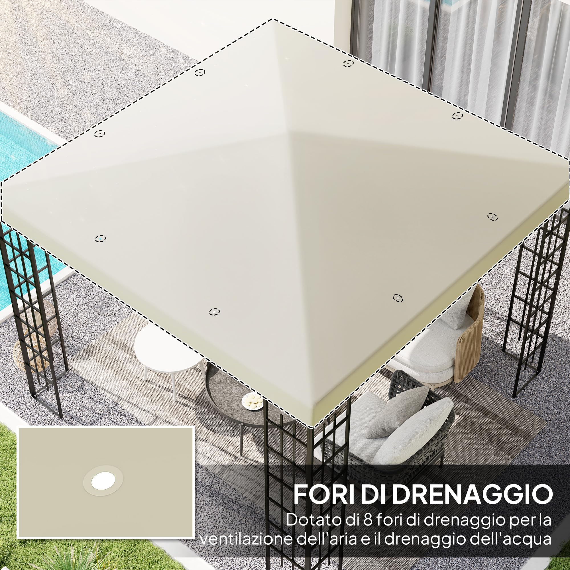 Outsunny Jardín Gazebo Reemplazo Techo 3x3 m, Resistente al agua Gazebo Canopy en 600D Oxford Tela 370g/㎡ Anti-UV 30+ con 8 agujeros de drenaje, Crema blanca.