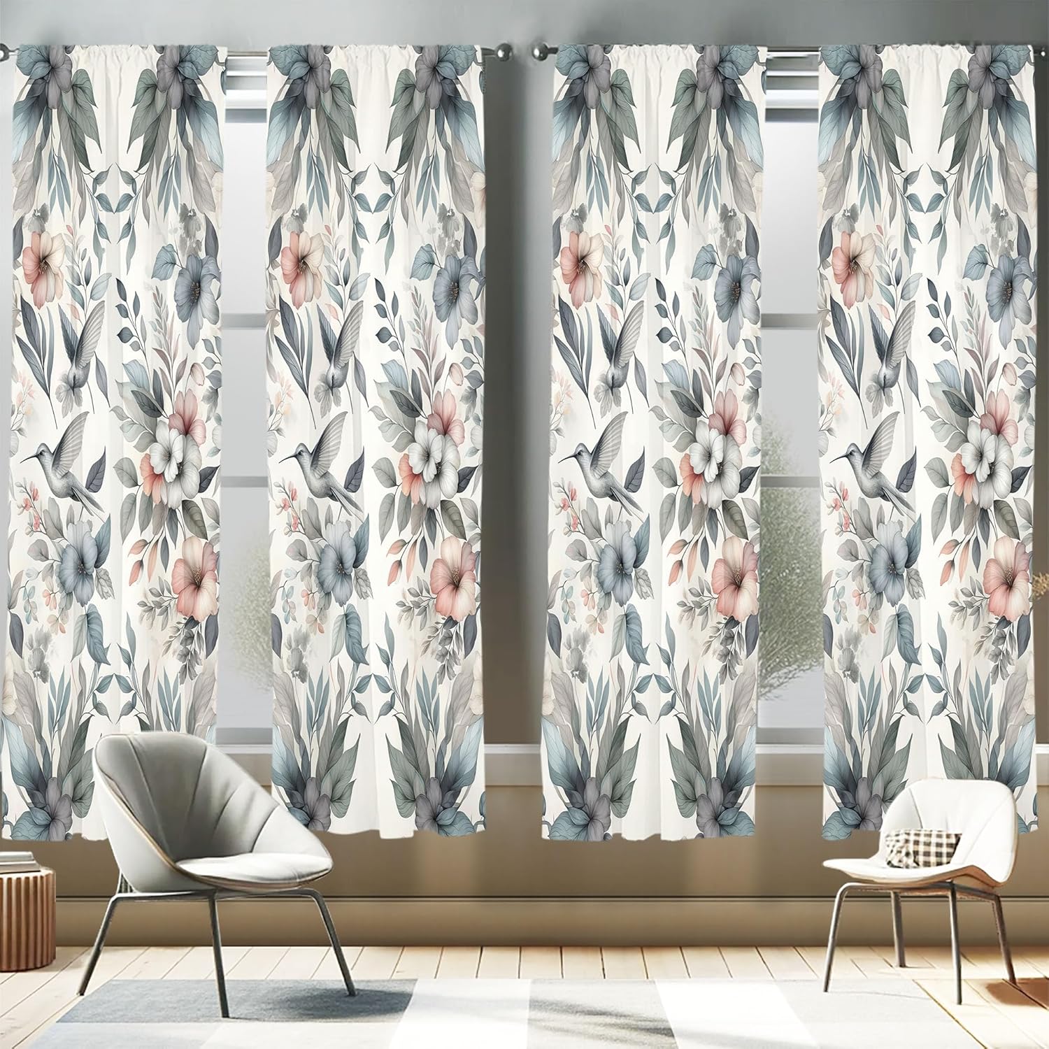 Ambesonne Birds and Nature Window Curtains Pack of 2, Muted Tone Leafy Floral Huddles with Hummingbirds Urban Jungle, Lightweight Set with Rod Pocket, 4 Panels of - 28" x 63", Blue Grey Dried Rose