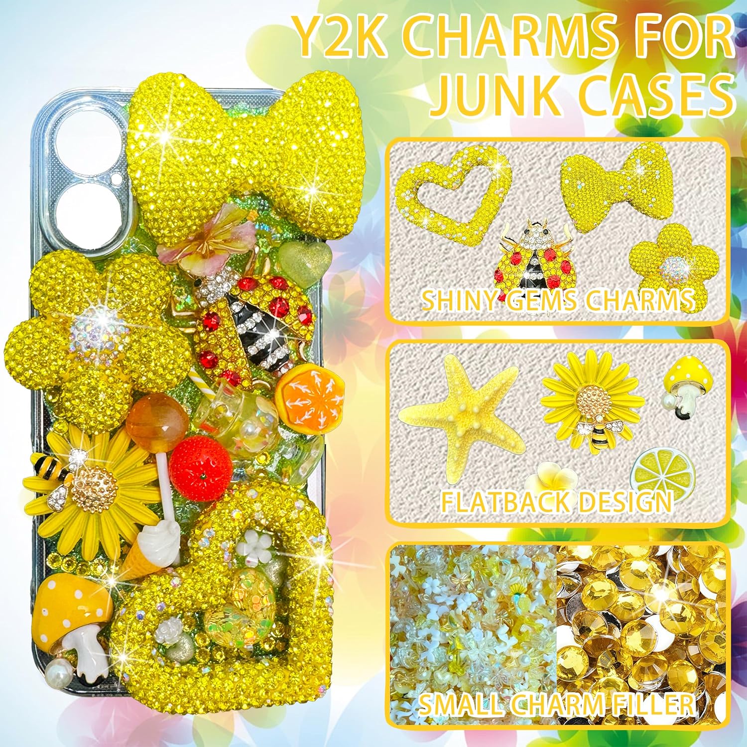 Yellow Orange Junk Case Charms Kit, Junks Phone Cases With Rhinestone Accessories And Full Diamond Love Flower Ladybug Bee Lips Tangerine Mushroom Kits With DIY Phones Decorations