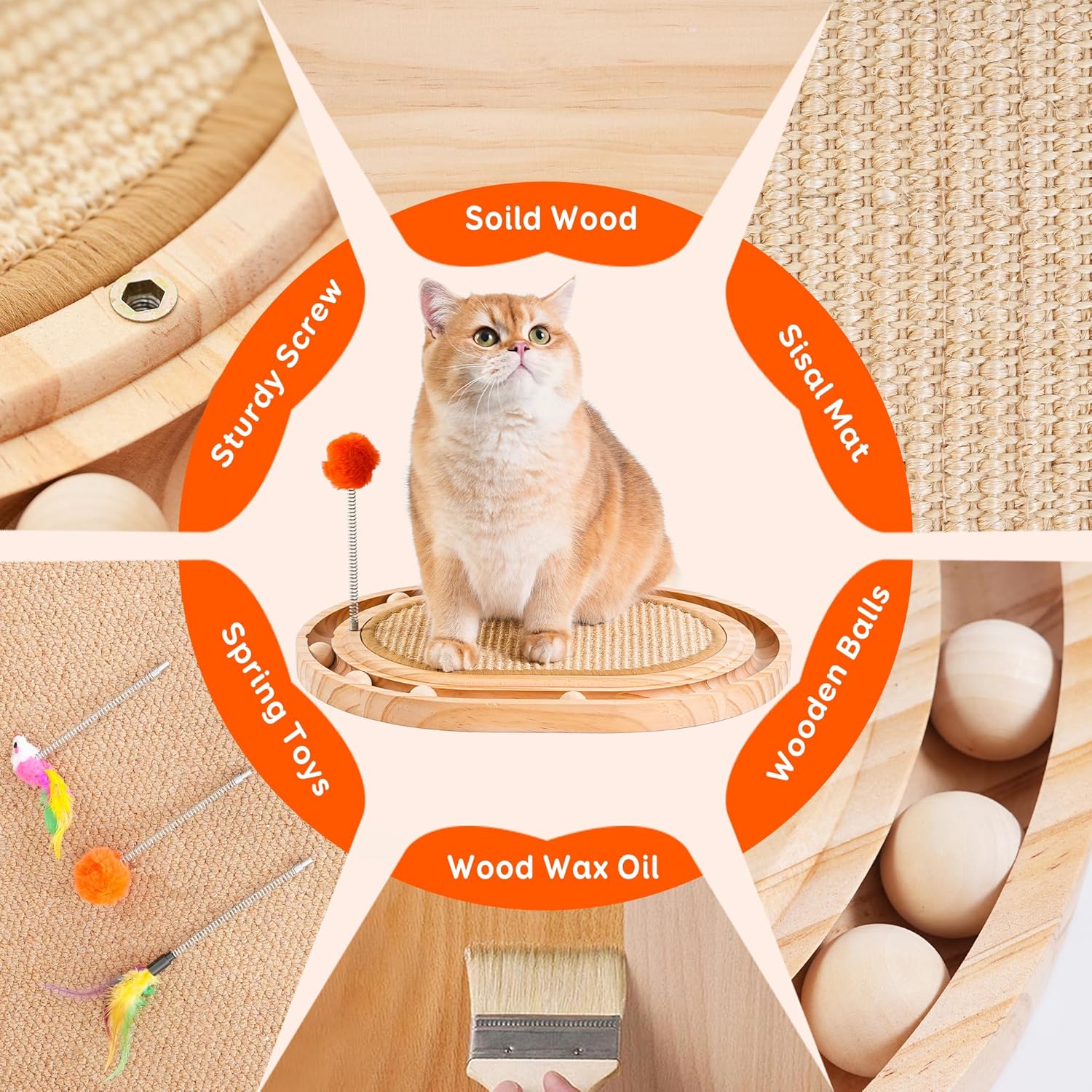 Cat Scratch Pad with Ball Track and Spring Toy, Wooden Cat Scratcher with Sisal Scratching Mat, Ball Track System and 3 Replacement Toy for Cats Scratching,Chasing and Playing (Nature Wood)