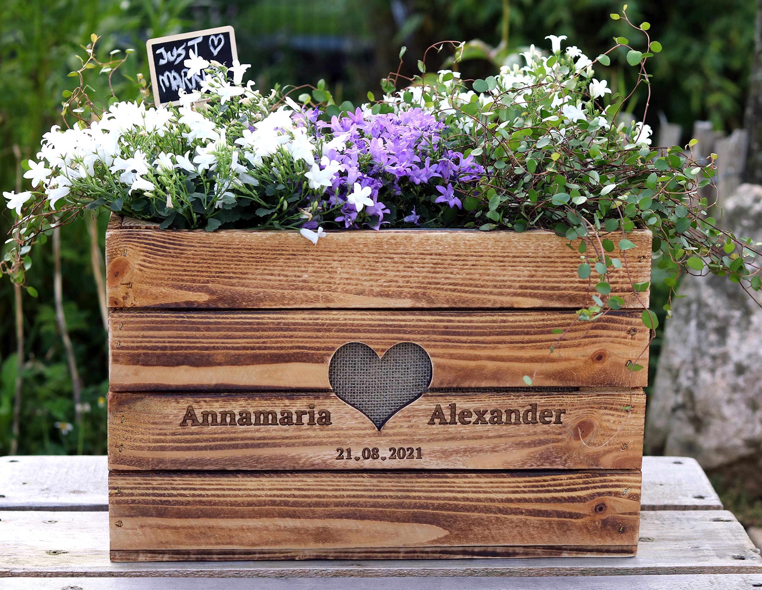 Rustikale GESCHENKEKISTE HOCHBEET Hochzeit Weinkiste Vintage Hochzeitsgeschenk aus Holz PERSONALISIERT Hölzerne Jahrestag BoHo Geldgeschenk
