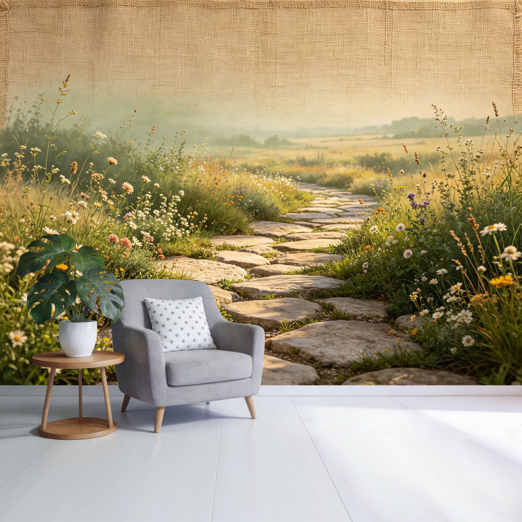 Custom Size Wall Mural Botanical Countryside Stone Pathway Wildflower Meadow Landscape SelfAdhesive Wall Fabric Removable Wallpaper for Home Office Decor