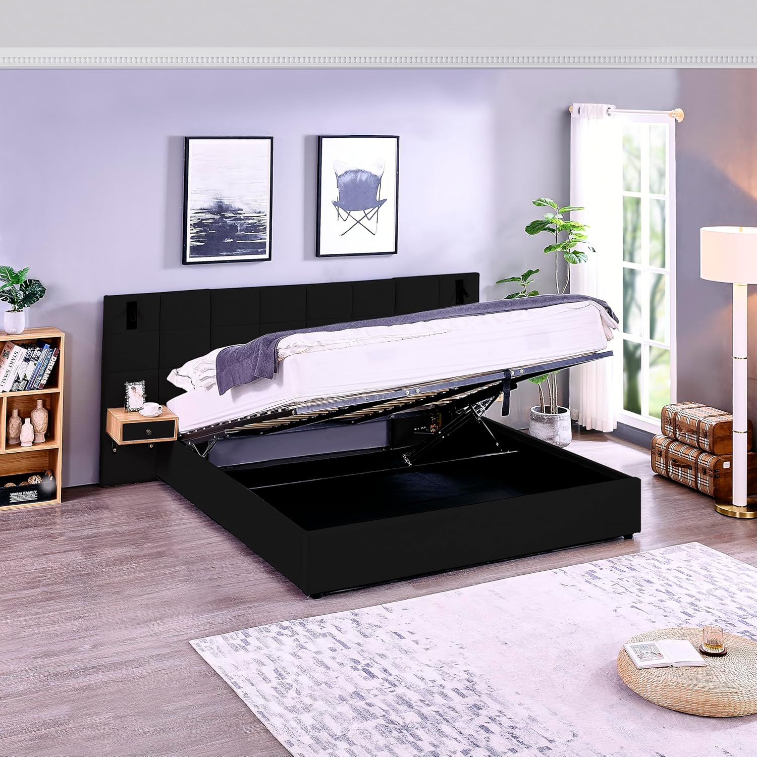 Ball & Cast King Size Velvet Lift Up Storage Bed Frame with with 2 Shelves, 2 Reading Lamps and USB Port, Hydrualic Underneath Storage,Upholstered Platform Bed,No Box Spring Needed,Black