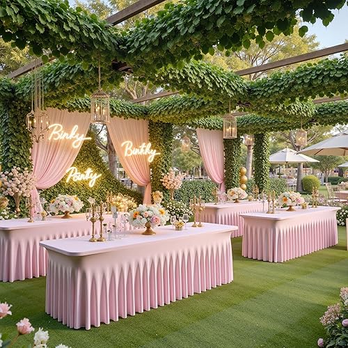 Miniatura 3 de Htper Paquete de 2 manteles de elastano rosa bebé para mesas rectangulares de 8 pies, manteles elásticos de 8 pies con falda para fiestas, bodas,