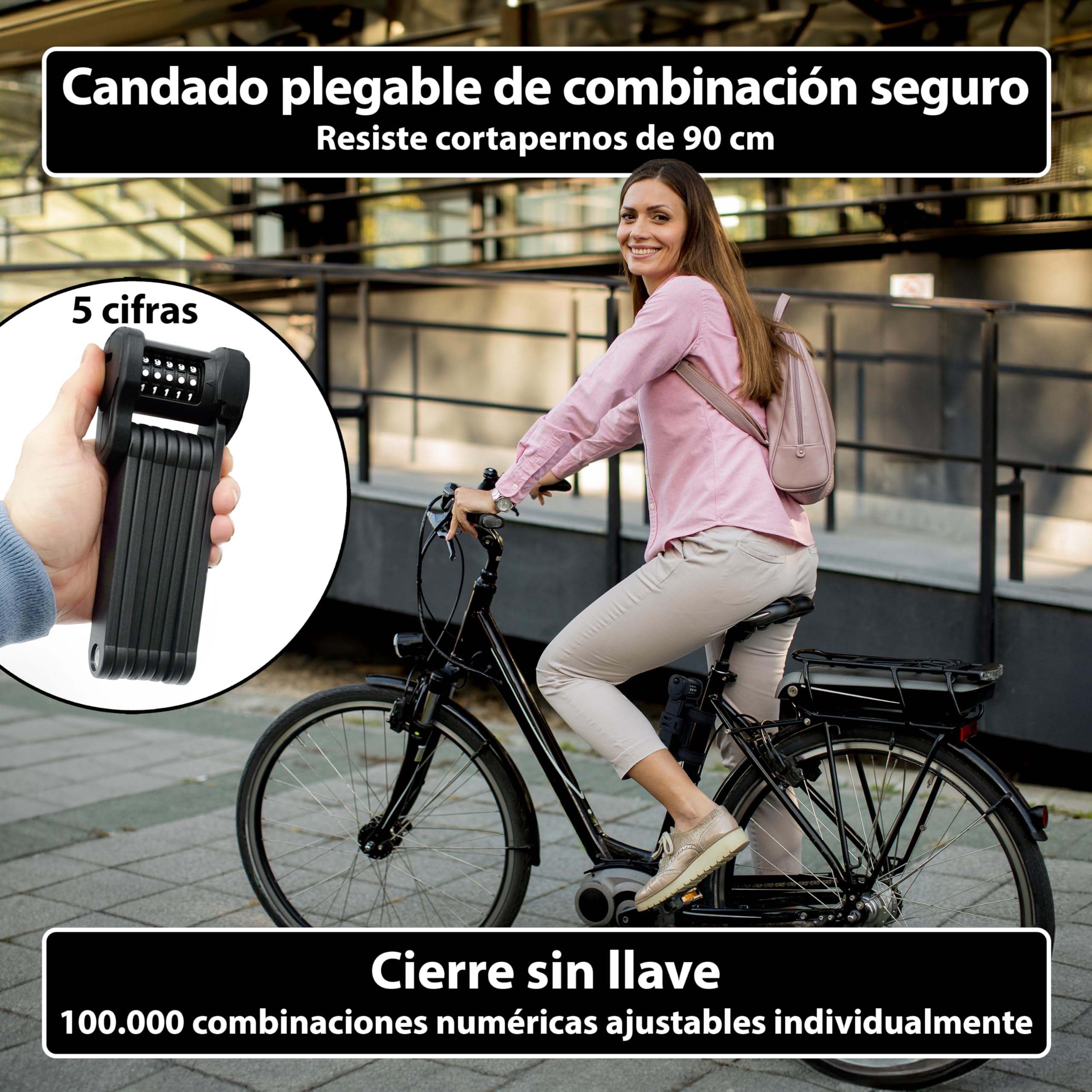 KOHLBURG Candado de bicicleta de combinación con código | 101 cm de largo | Repele cortapernos, código de 5 cifras, candado plegable con soporte, alta seguridad, para bicicleta, scooter y e-bike