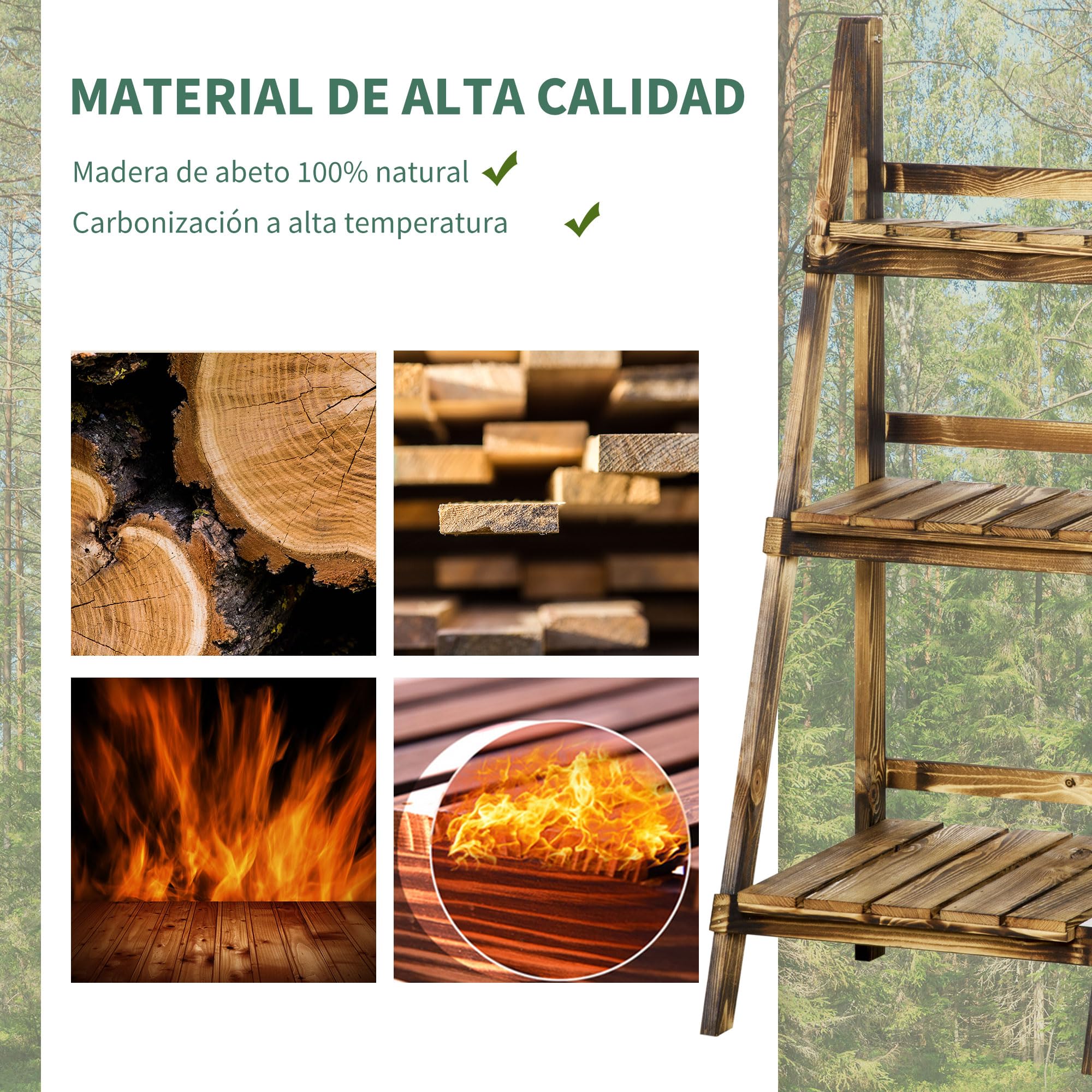 Outsunny Soporte para Plantas de Madera de 3 Niveles, Estantería para Plantas Plegable con Base de Listones, Soporte para Macetas para Interior y Exterior, Terraza, Jardín, 40x37x93 cm, Carbonizado