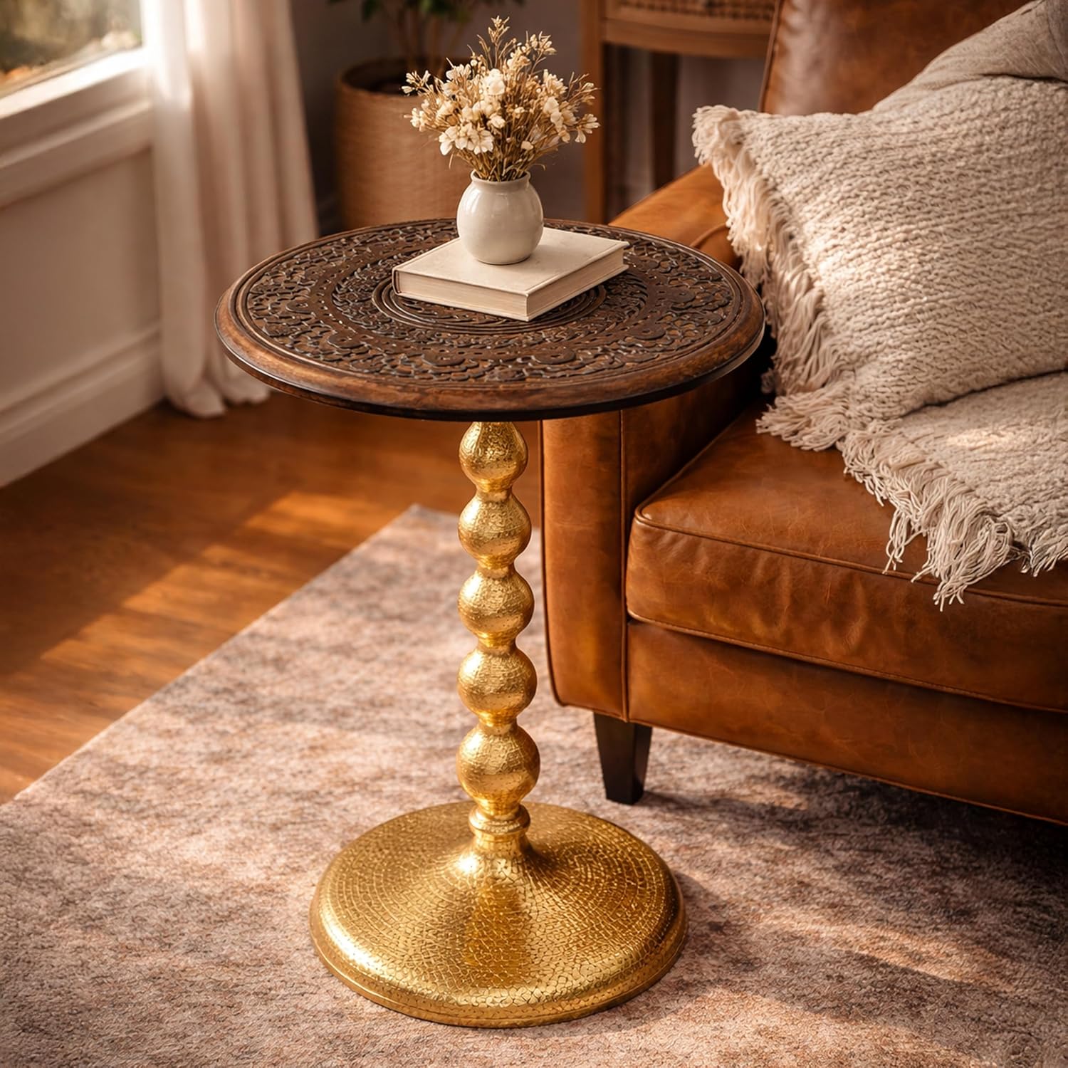 Alpha Living Home Rustic Wooden Top Round End Table Side Table for Living Room – Modern Accent Nightstand with Aluminum Gold Leg for Bedroom, Corner & Office (Walnut Gold), 18x23