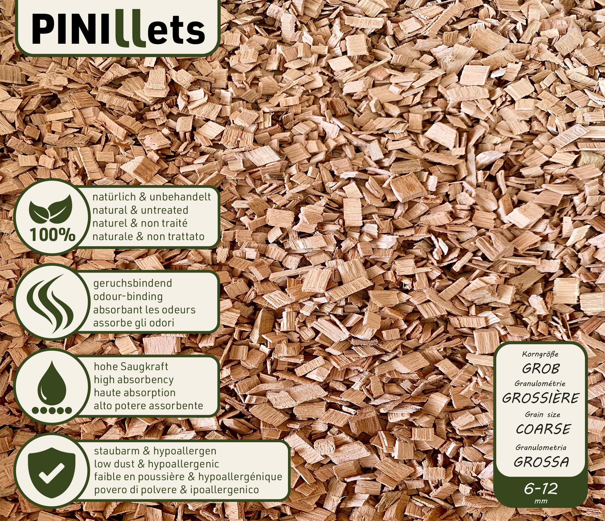 PINI Hack bukowy 15 kg, bezpyłowy, higieniczny ściółka, gruby, dla piskląt, kur, przepiórek, kur, kur, kur, kur, kur, kur, kur,