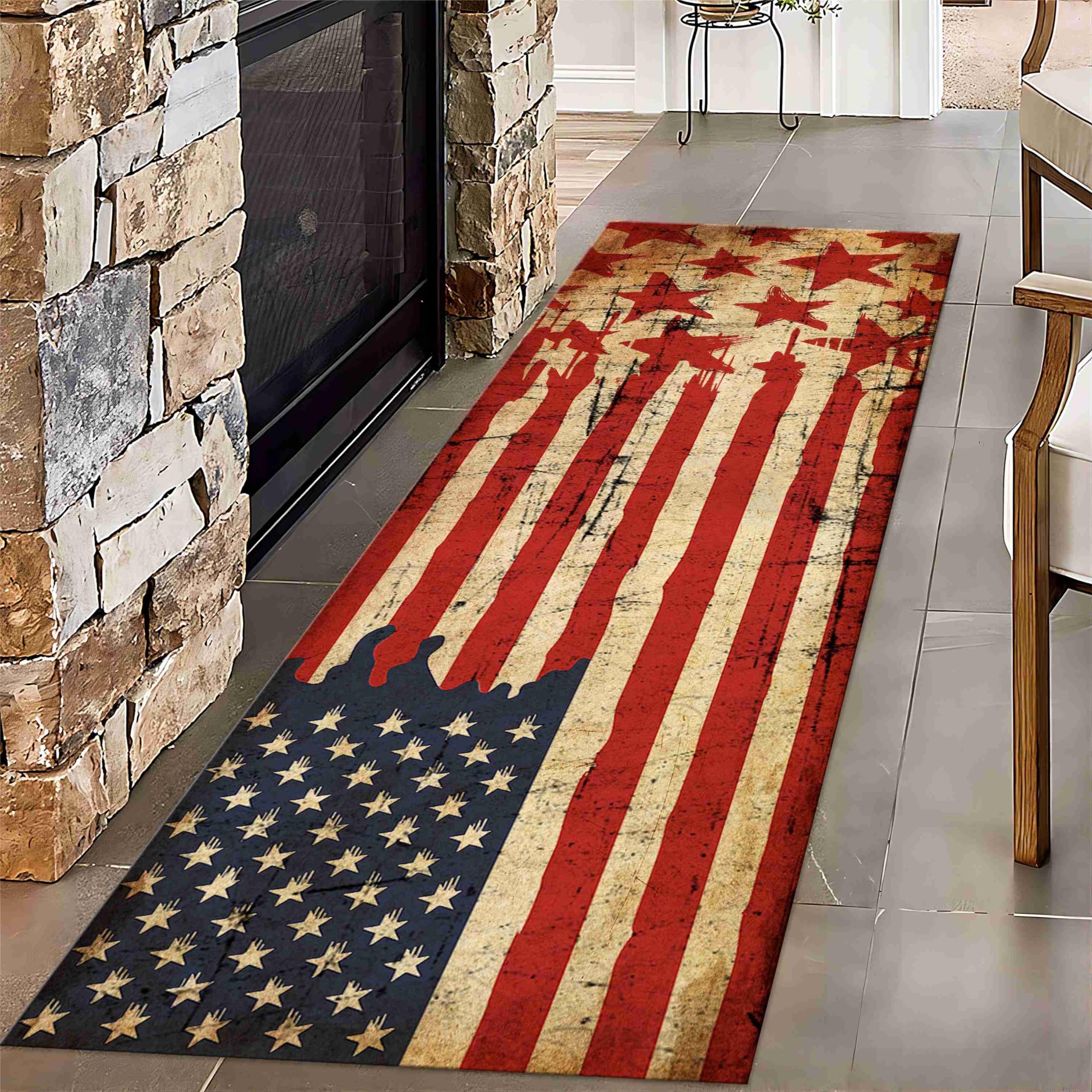 Puyosvr Vintage American Flag Runner Rug,2x10ft,American Welcome Star Red Stripe Summer Non-Slip Door Mat,Patriotic Themed Rug,Non-Slip Washable for