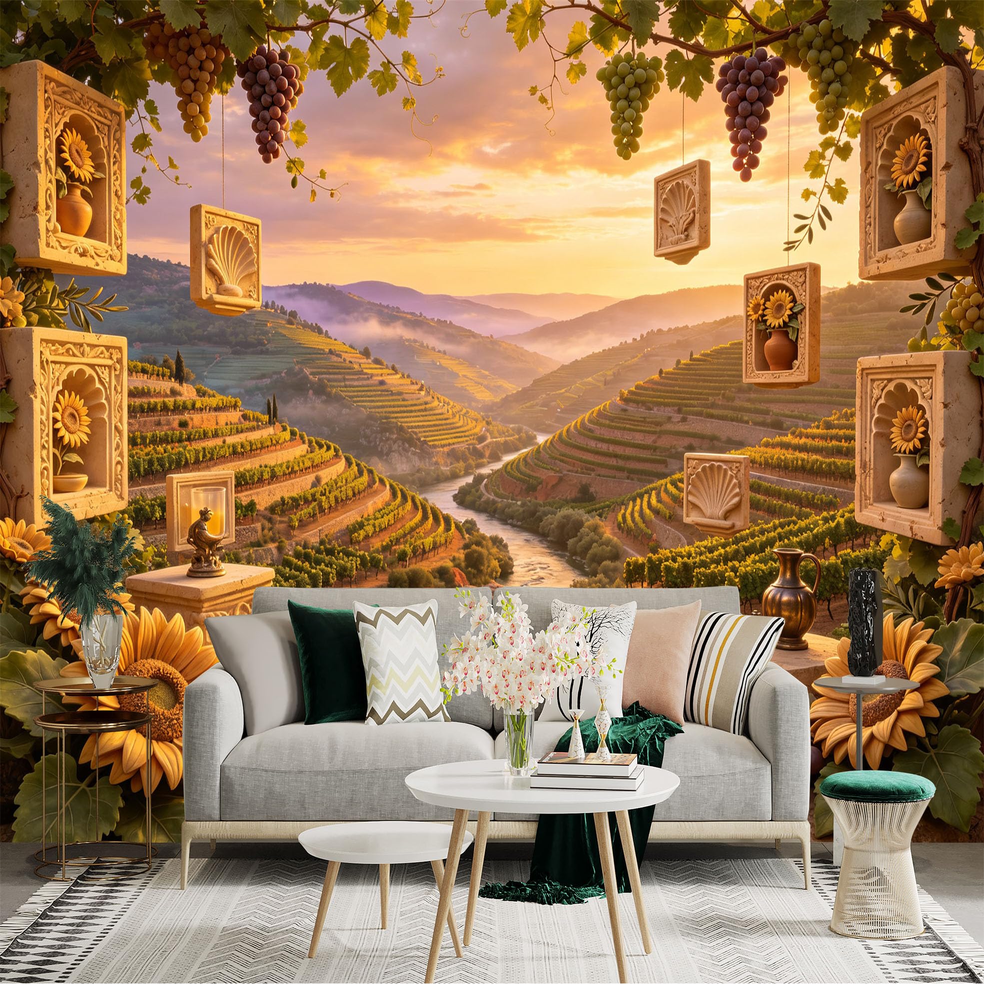 Lnzczhyre Bh260719741 Custom Size Wall Sticker Mural， Sunset Vineyard Landscape， Terraced Hills With River， Hanging Grapes And Sunflowers， Rustic Stone Decor， For Wall Decoration， Peelandstick Wall Decals.