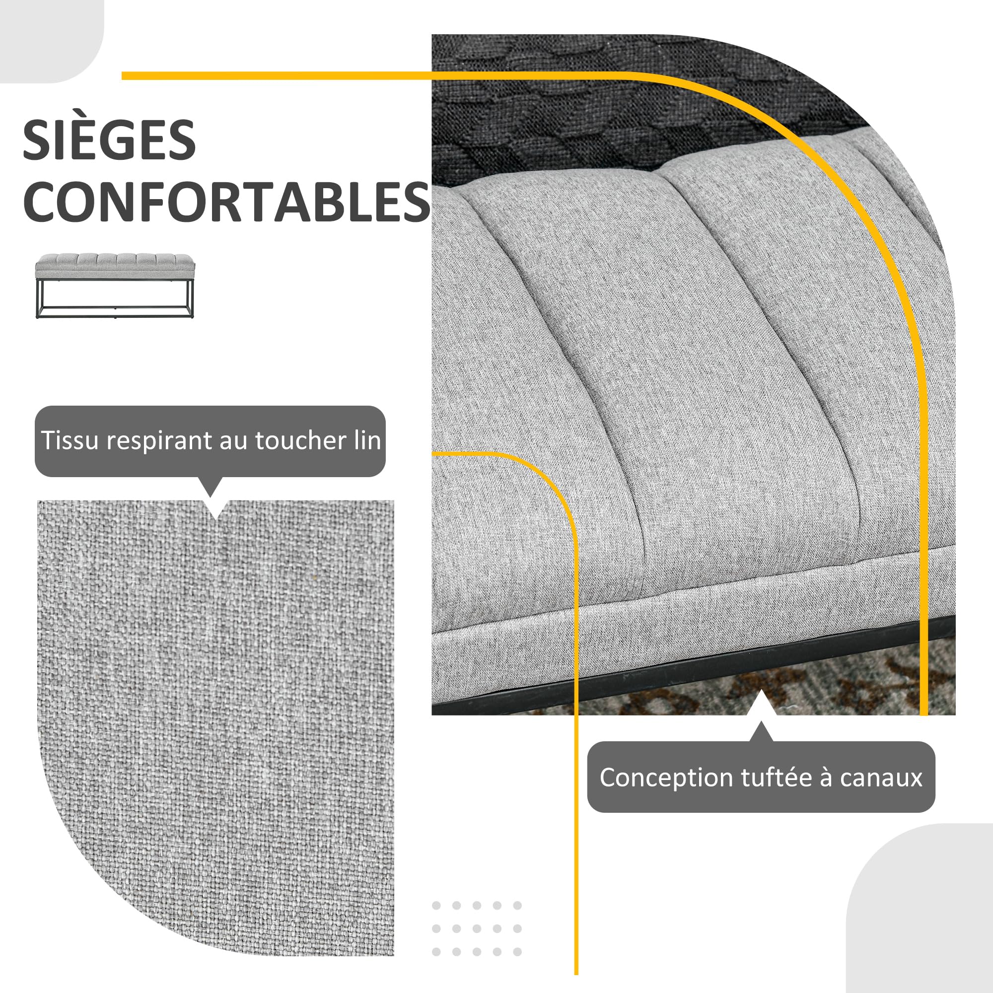 HOMCOM Banc Banquette Moderne Bout de lit rembourré en Tissu Aspect Lin et Structure en Acier Noir, idéal pour entrée, Salon, Chambre, Charge 200 Kg, 120 x 44 x 45,5 cm, Gris