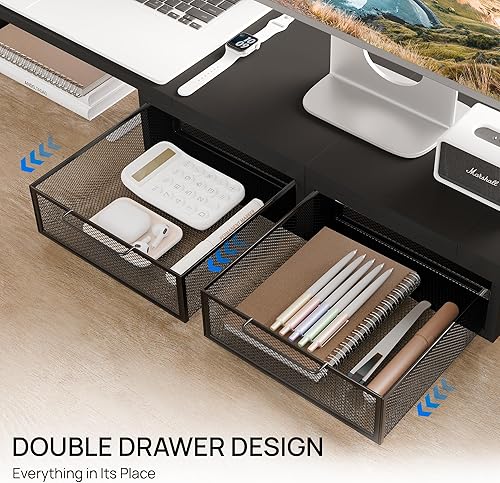 Miniatura 5 de ZIFTY Soporte elevador de monitor doble con 2 cajones y soporte para teléfono inteligente, organizador de escritorio para 3 monitores, longitud y