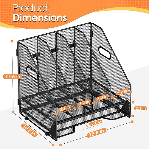 Miniatura 2 de Organizador de carpetas de archivos de escritorio, 4 compartimentos verticales y bandeja de papel para cartas, clasificador de archivos de malla