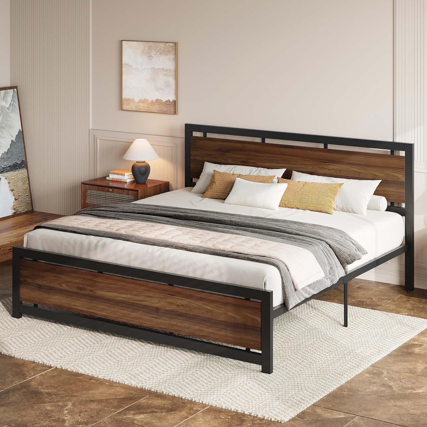 LIKIMIO California King Bed Frame with Headboard and Footboard, Metal Strong Supports, Easy Assembly, Noise-Free, No Box Spring Needed, Dark Walnut
