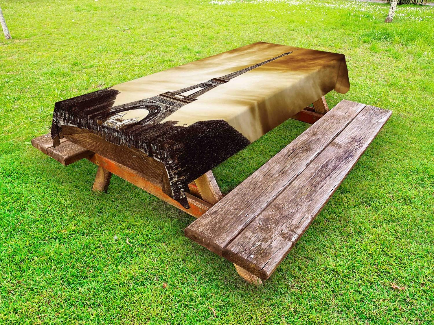Ambesonne Eiffel Outdoor Tablecloth, Tourist Attraction in Paris France Brown Toned Skies Abstract Landscape Design, Decorative Washable Picnic Table Cloth, 58" X 84", Yellow and Brown