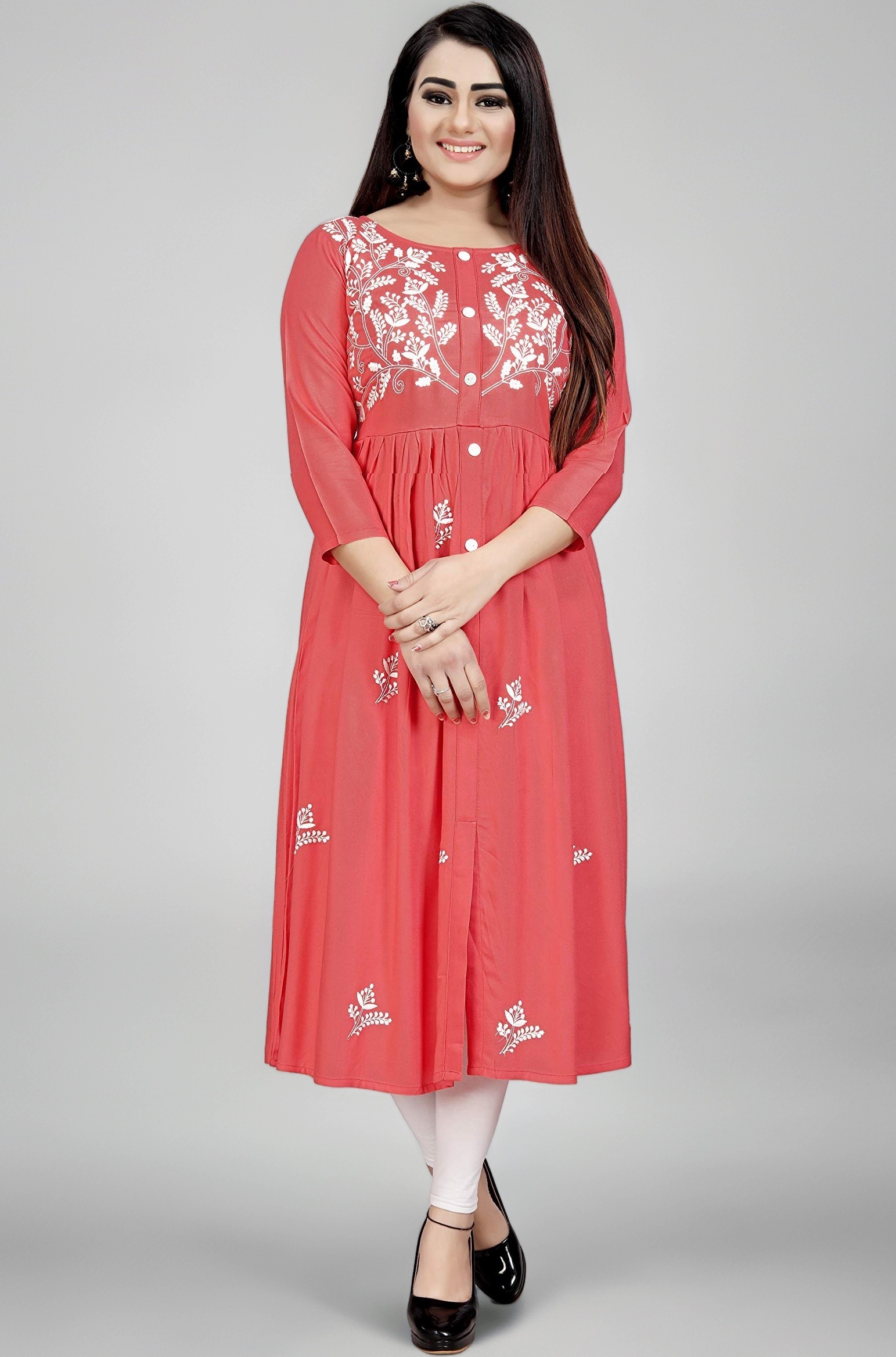 Women's Rayon Flared Embroidery Kurti Under 599 Designer Attractive Look Women's Kurta
