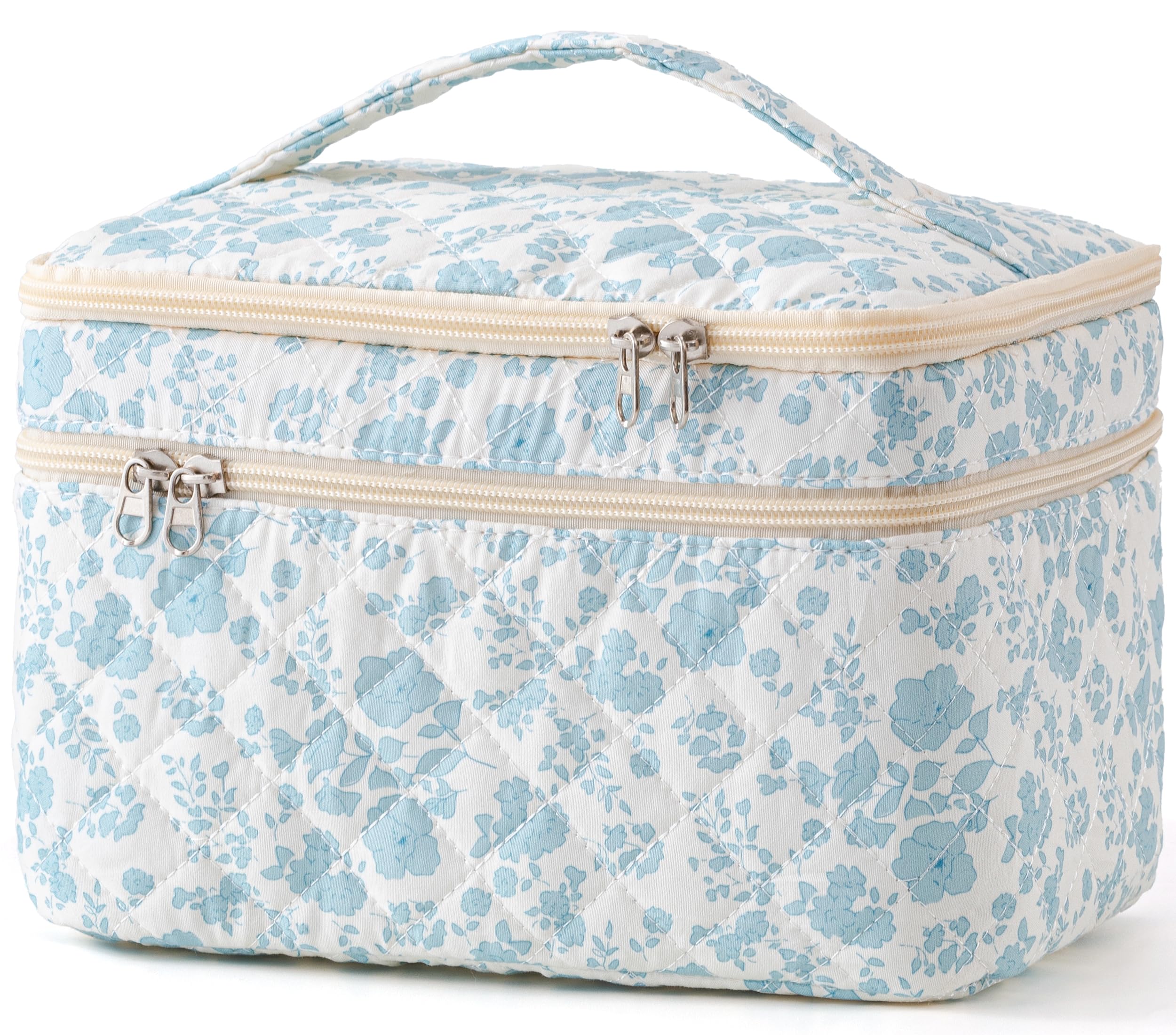 HBselectQuilted Makeup Bag, Portable Cotton Large Travel Makeup Bag, Cute Coquette Blueflowers Floral Cosmetic Bags Toiletry Bags for Women Teen Girls Mom