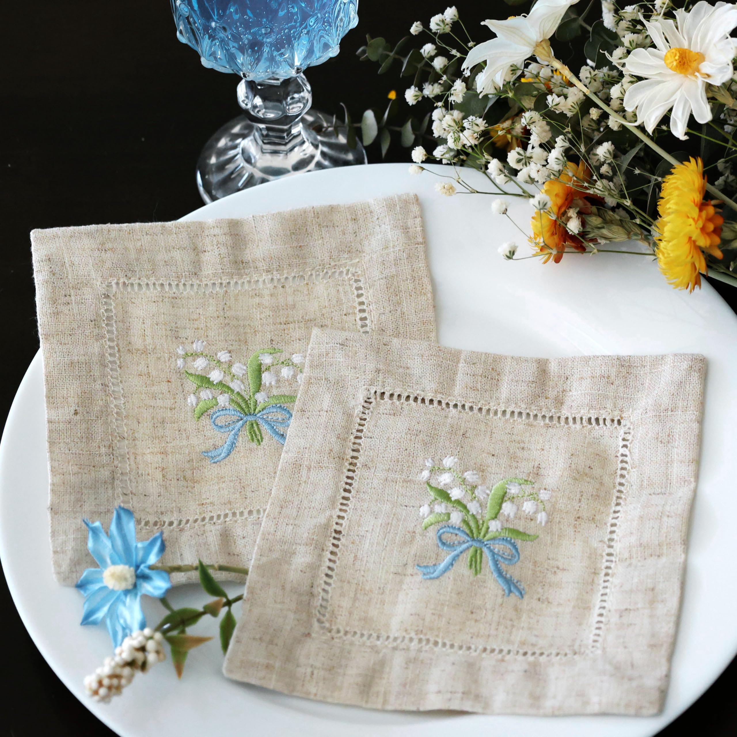 Lauusiusi Embroidered Natural Linen Cocktail Napkins 6 Pieces Lily of The Valley Handcrafted Ladder Hemstitch Square Small Cloth Napkins Set of 6 for Party Beverage Wedding Bar Coffee Dessert (6