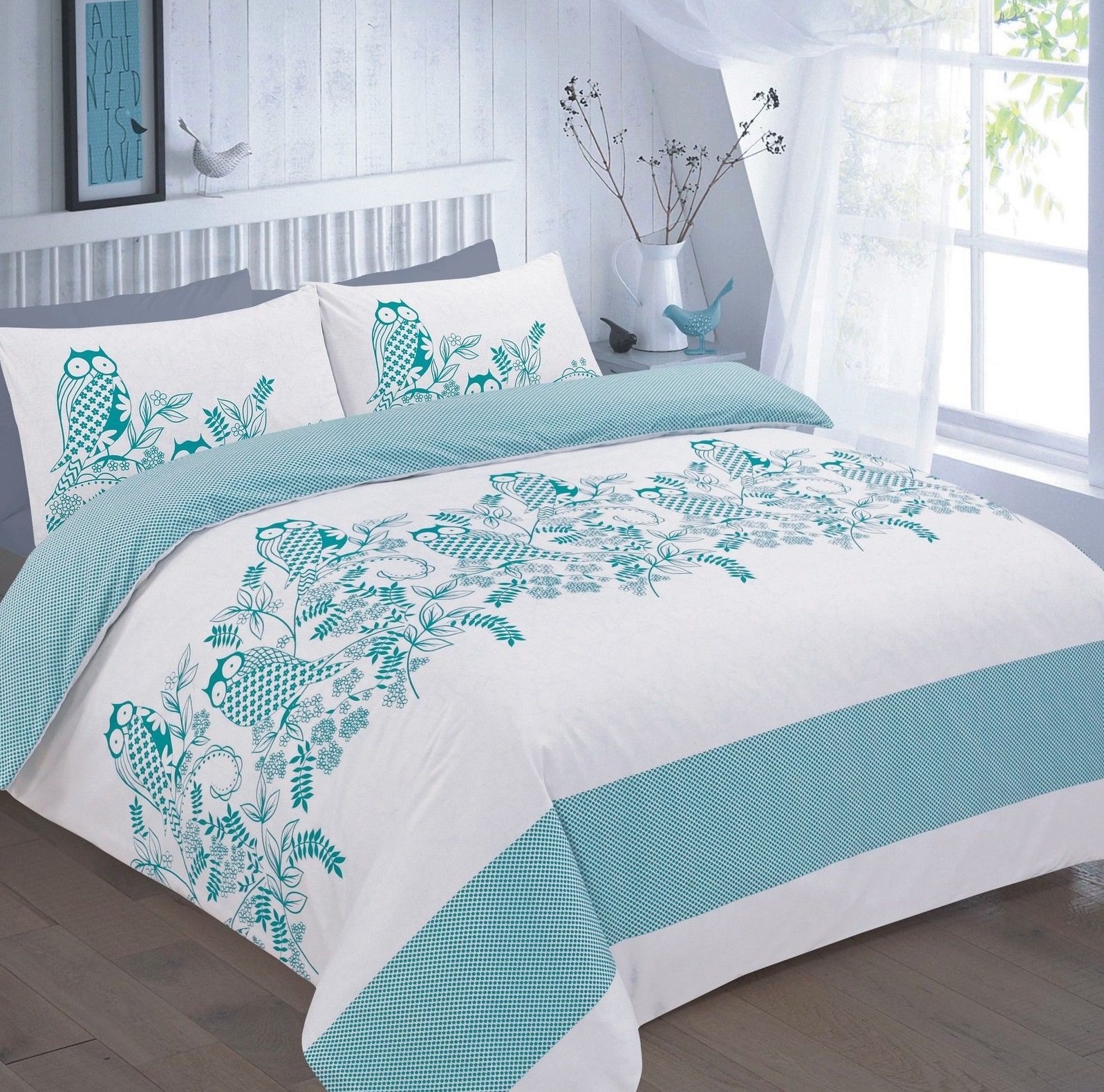 Egypto Teal Pollycotton Duvet - Luxury Owl Print Quilt Comforter Set With Soft, Breathable Pillow Case (Super King, )