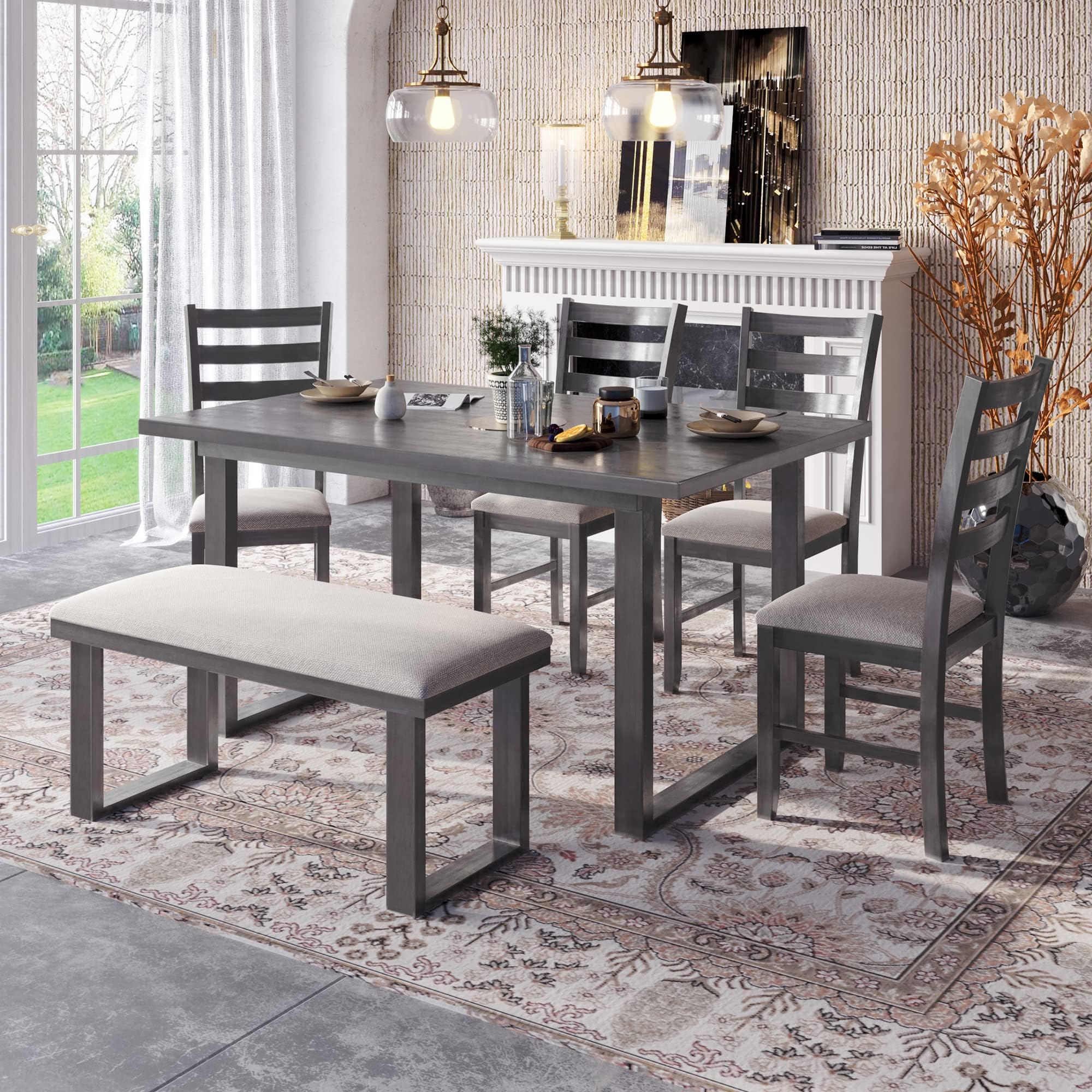 6-Piece Farmhouse Wooden Kitchen Dining Table Set with 4 Upholstered Chairs and Bench for Family Furniture, Gray 2