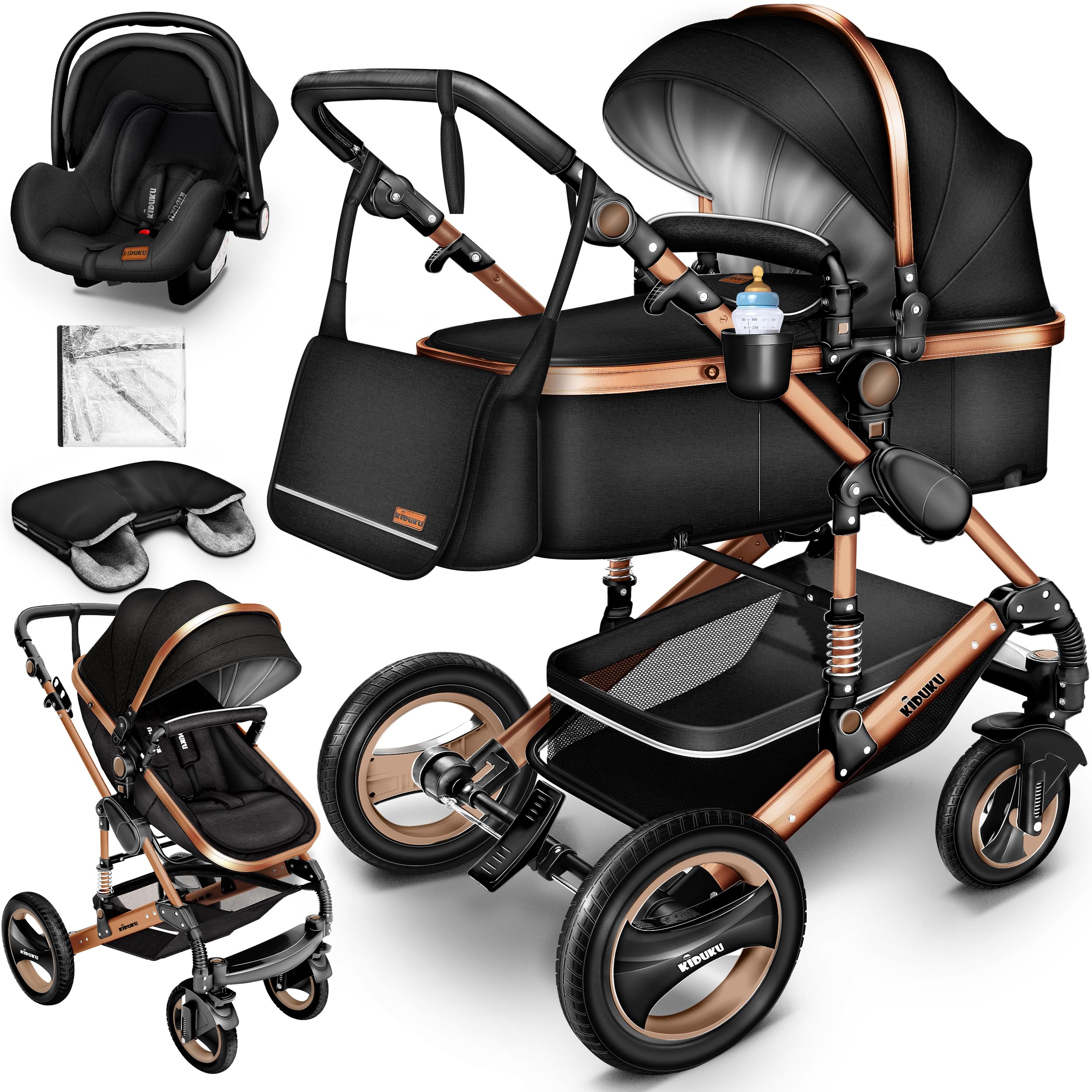 KIDUKU® 3 in 1 Passeggino Completo Trio | Passeggino Sistema Combinato con Navicella Ovetto Seggiolino Auto Coprigambe | Pneumatici in Gomma Dura Borsa Fasciato
