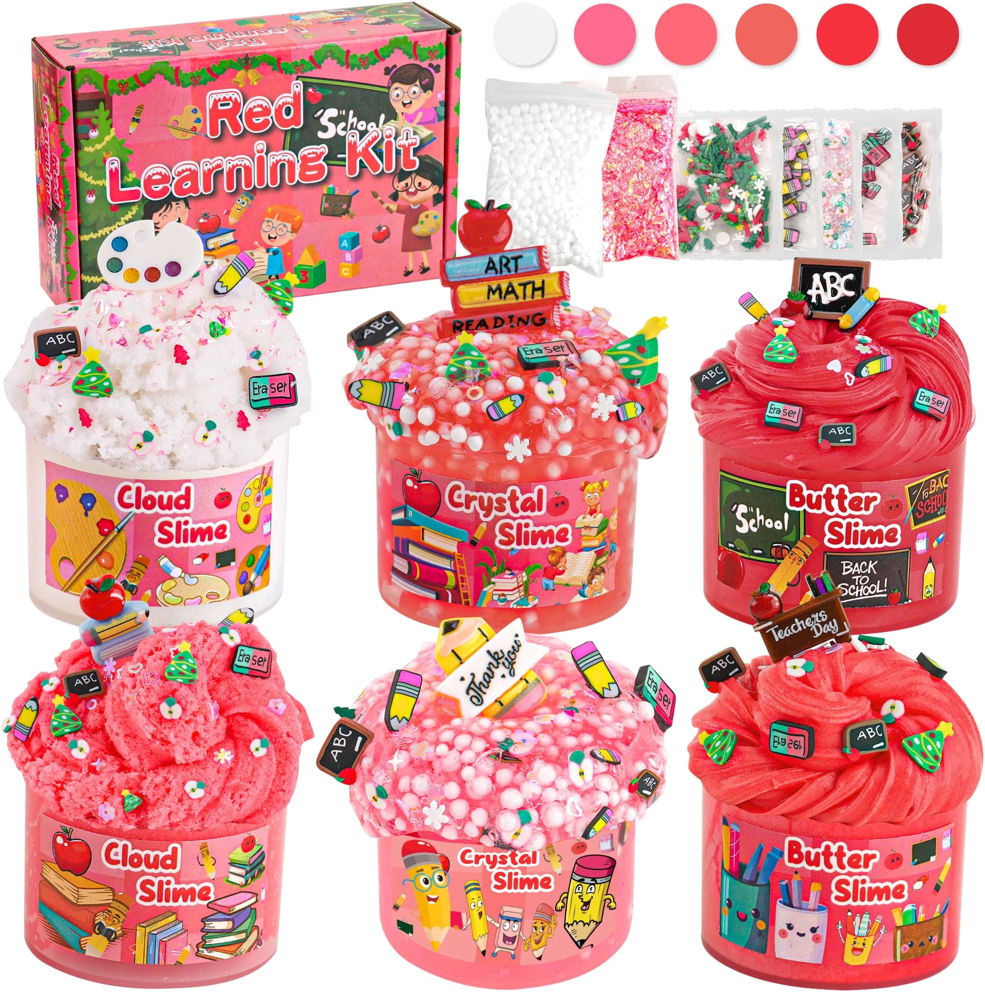 LAWOHO 6 Packs Learning Slime Kit, Red Slime Gifts for Kids, Cloud Butter Clear Slime Textures, Birthday Party Favors Goodie Bags Stuffer Anxiety Stress Relief Toys