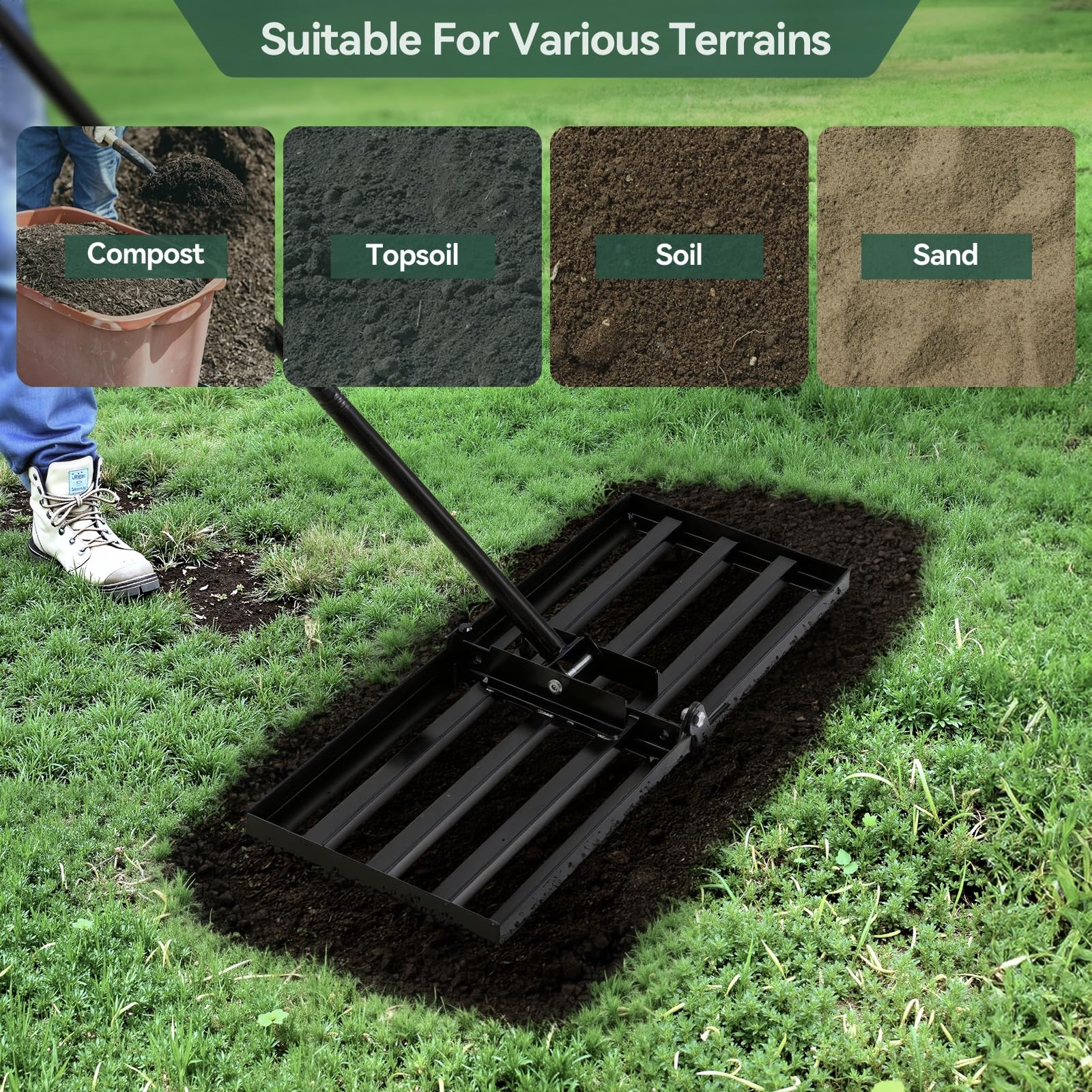 Warmiehomy Rastrillo nivelador de césped, rastrillo de jardín resistente con placa plegable de 76 x 25 cm y mango ajustable de 213 cm, rastrillo nivelador de césped para jardinería, suelo, césped de