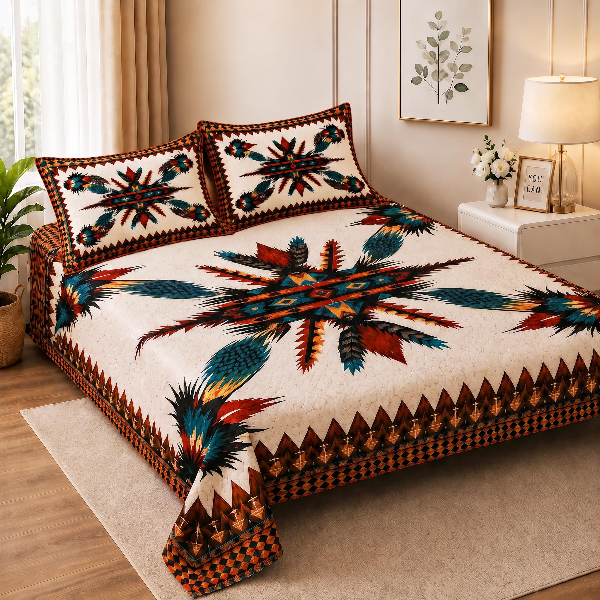 Barchitta-Aztec Quilt Bedding Set with 2 Pillow Shams, Queen Size | Ultra Soft Cotton Feel, Breathable Fabric, Skin Friendly, Boho Tribal Print, 3-Piece Set-image-33