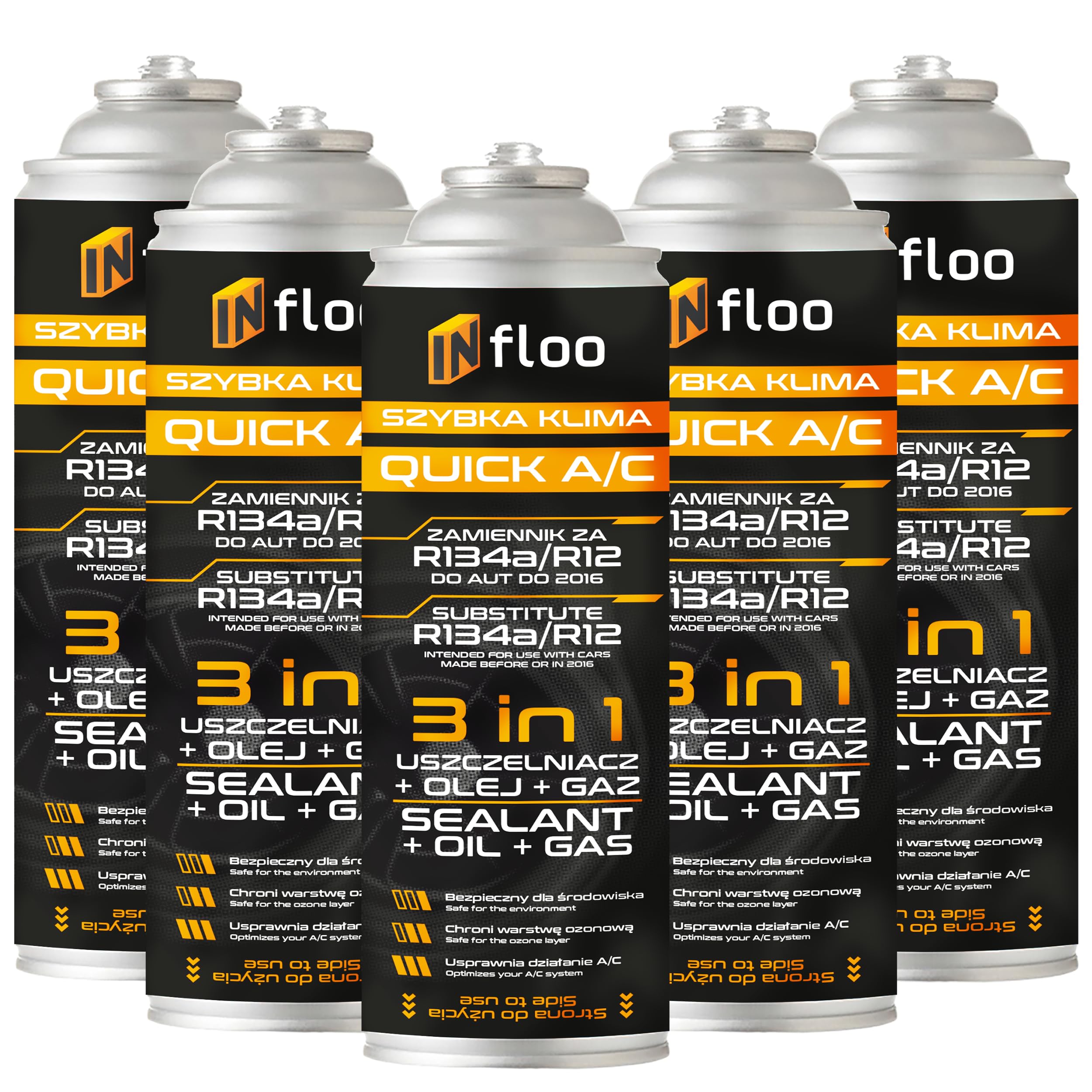 5x INfloo Quick A/C 3 in 1 – Sostituto del gas R134a + Olio + Sigillante | Ricarica climatizzatore auto | Guanti | Sostituto R134a