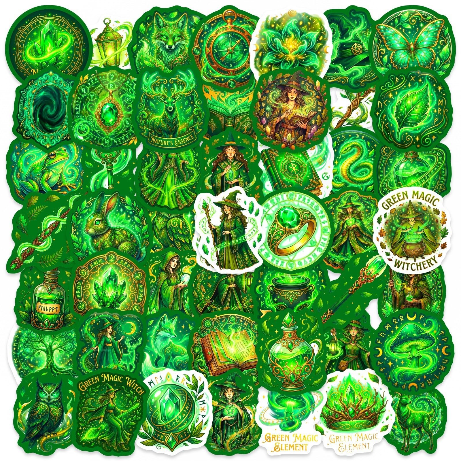 50Pcs Green Witch Stickers Mystical Nature Vinyl Decals for Laptops Skateboards Luggage Helmets Bikes and Phones Fans Lovers and Ethereal Vibe Enthusiasts