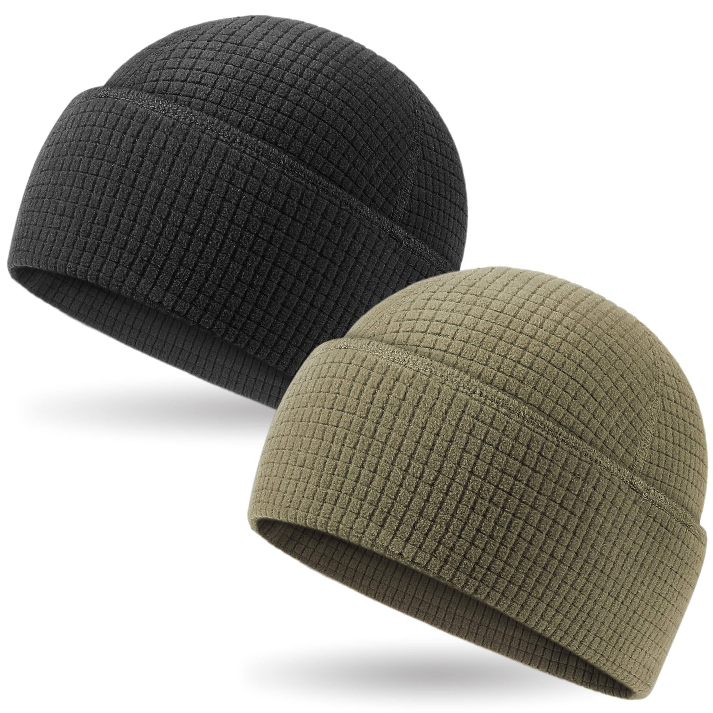 Outdoor Shaping 2 Pack Grid Fleece, Cuffed Beanie Watch Cap Waffle, Tactical Army Military Hat Multi-Season, Warm Lightweight Skull Cap, All-Weather Outdoor Gear