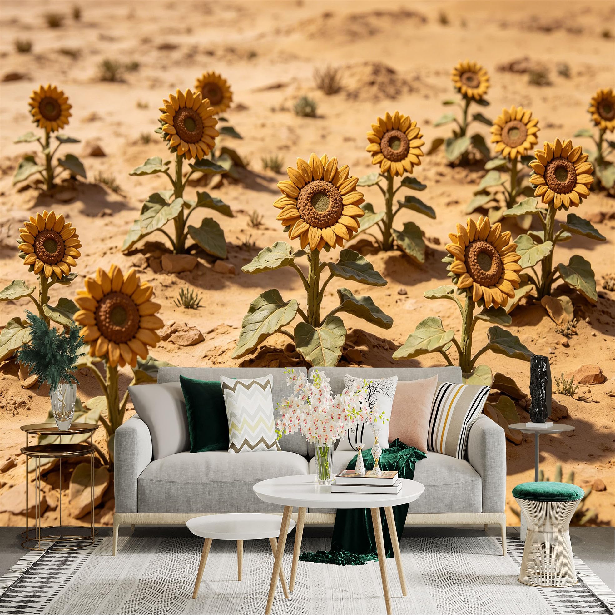 Lnzczhyre Dbh260521509 Custom Size Wall Sticker Mural， Sunflowers In Arid Desert， Golden Floral Landscape， Nature Scenery， For Wall Decoration， Peelandstick Wall Decals.