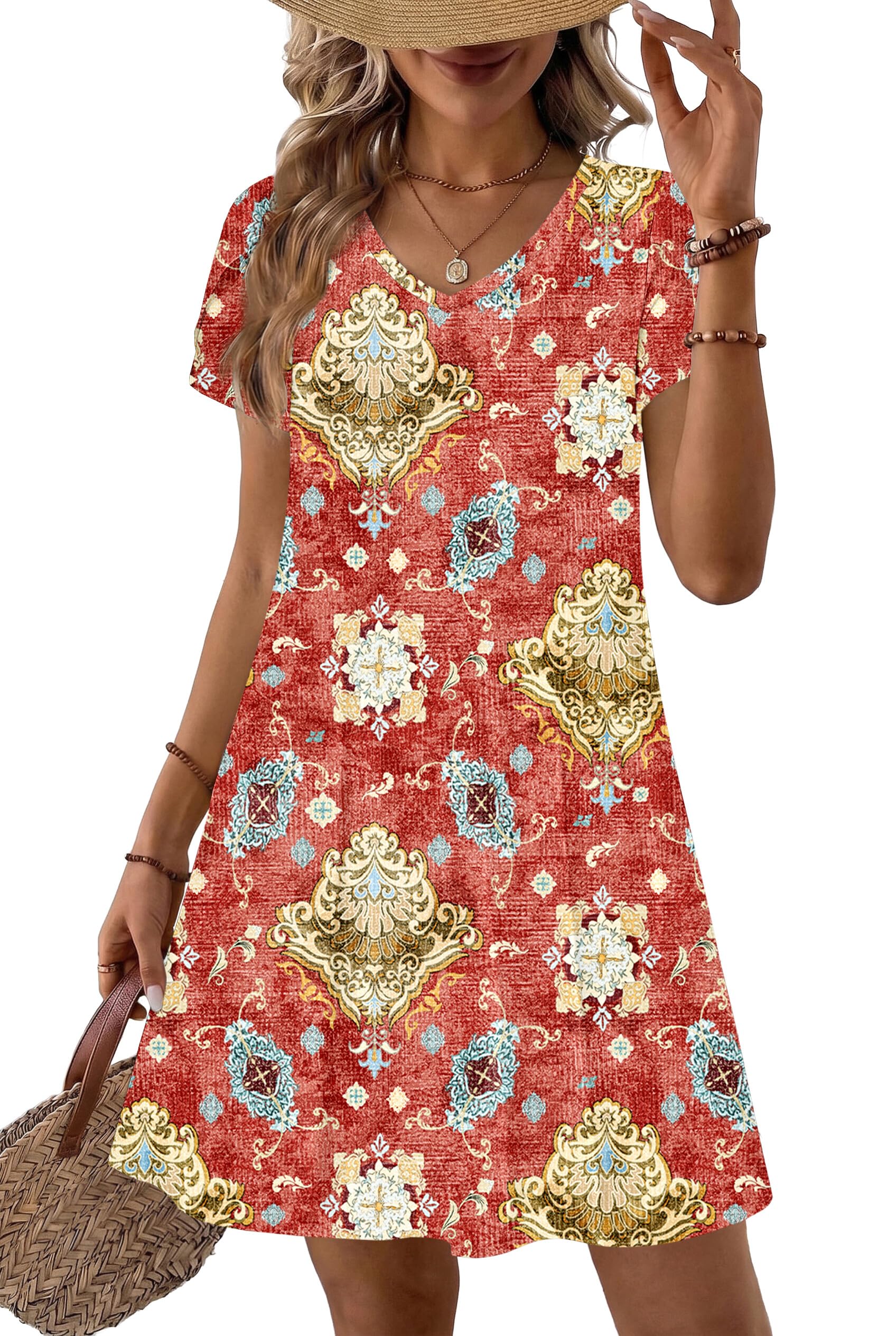 Zeagoo Womens Summer A-Line Dress with Pockets Mini Short Sleeve Dresses Flowy Beach Swing Dress 2026 Vacation Travel