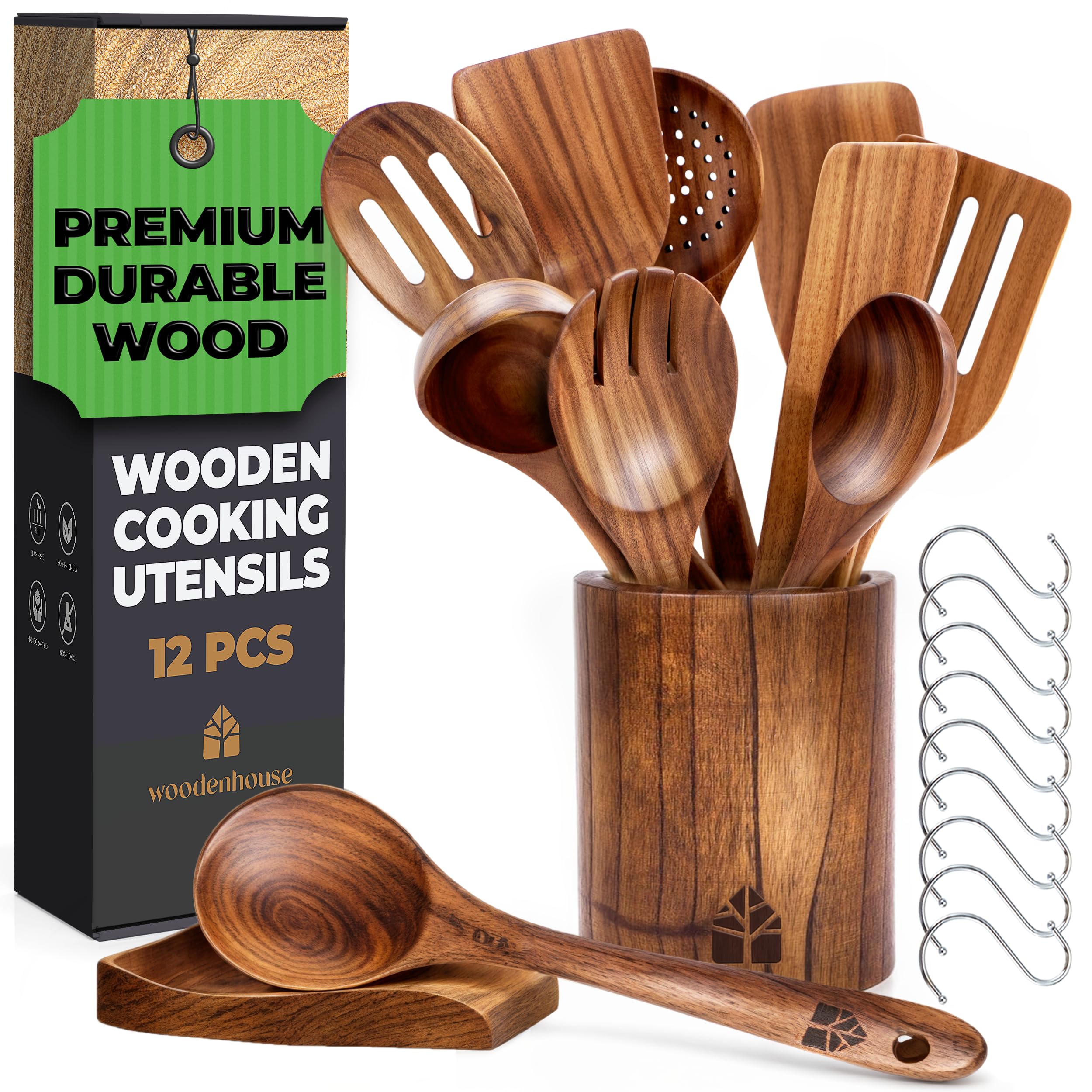 Wooden Spoons Cooking Utensils, Teak Wooden Utensil Set of 12 Pcs with Holder, Spoon Rest & Hanging Hooks