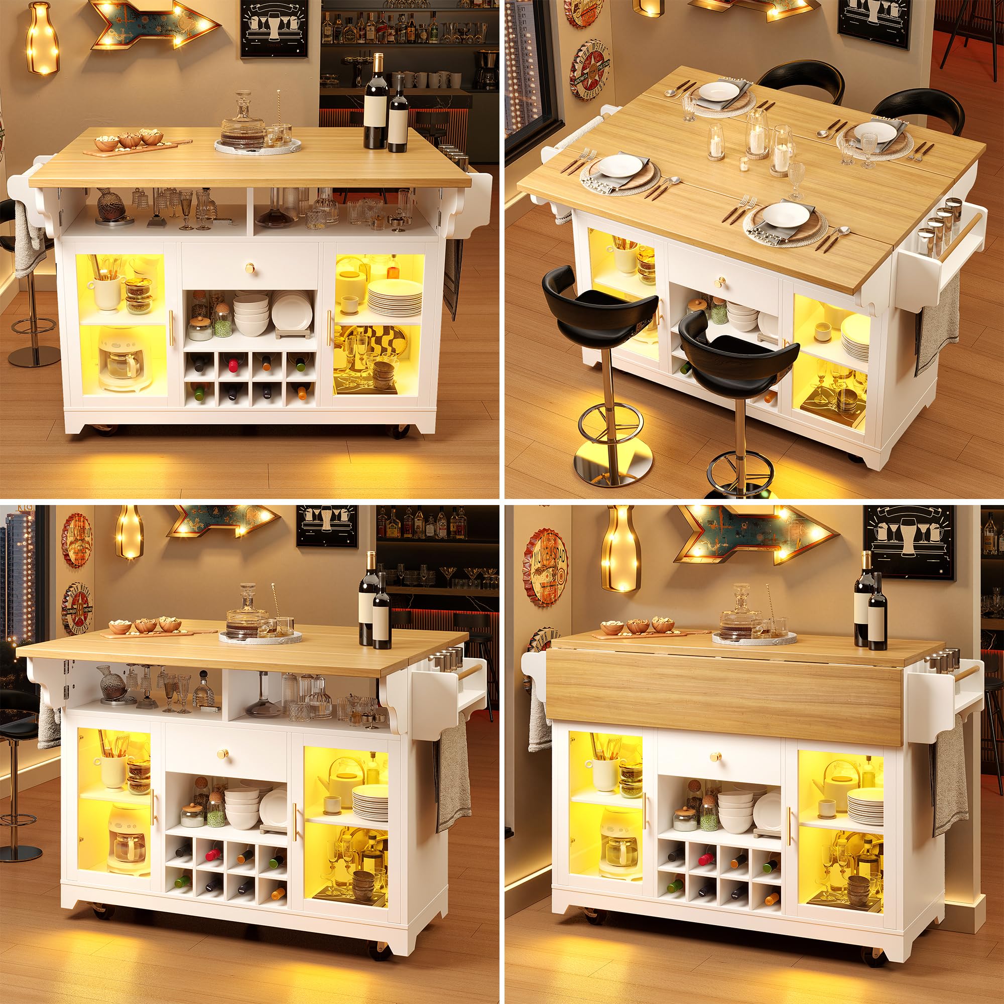 MURUL Carrito para servir blanco, isla de cocina plegable con iluminación LED RGB, carrito de bar móvil con botellero y estantes ajustables, superficie de trabajo de 120 cm