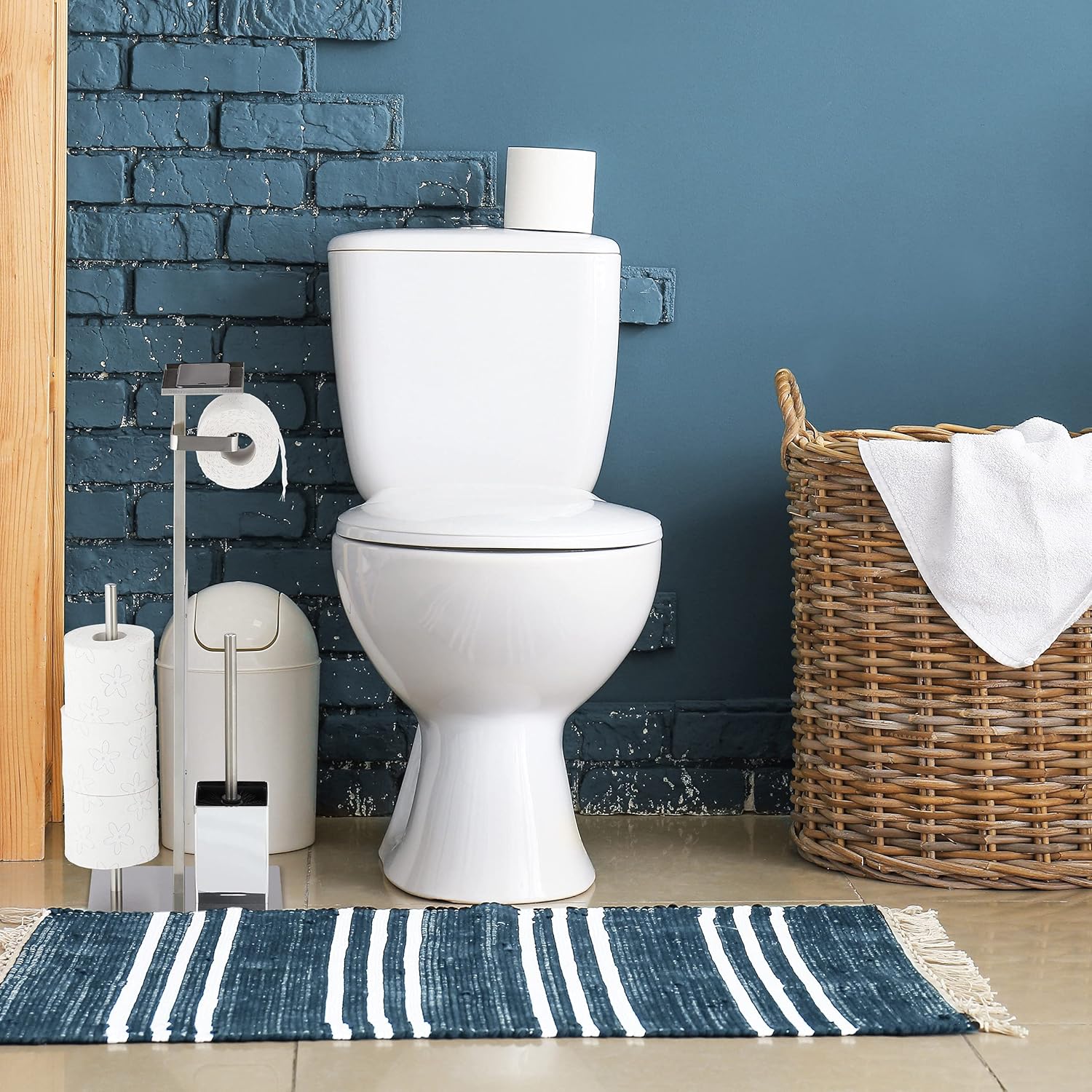 Relaxdays Toilet Brush and Brush Holder with Shelf, H x W x D 69 x 25 x 18 cm, Silver