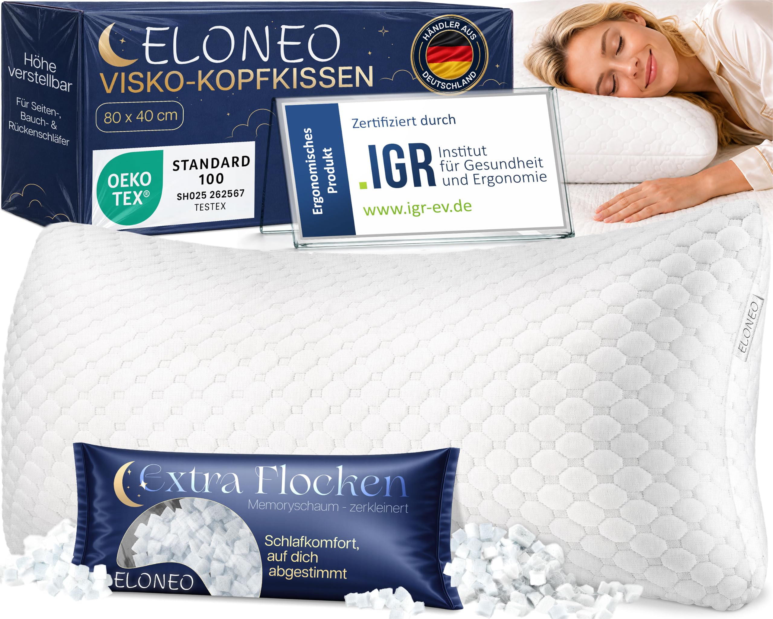 ELONEO Premium Memory Foam Kopfkissen 40x80 cm | ergonomisches Kopfkissen höhenverstellbar | Schlafkissen inkl. geschredderte Memory Schaumstofffüllung | Für Bauch-, Rücken- und Seitenschläfer