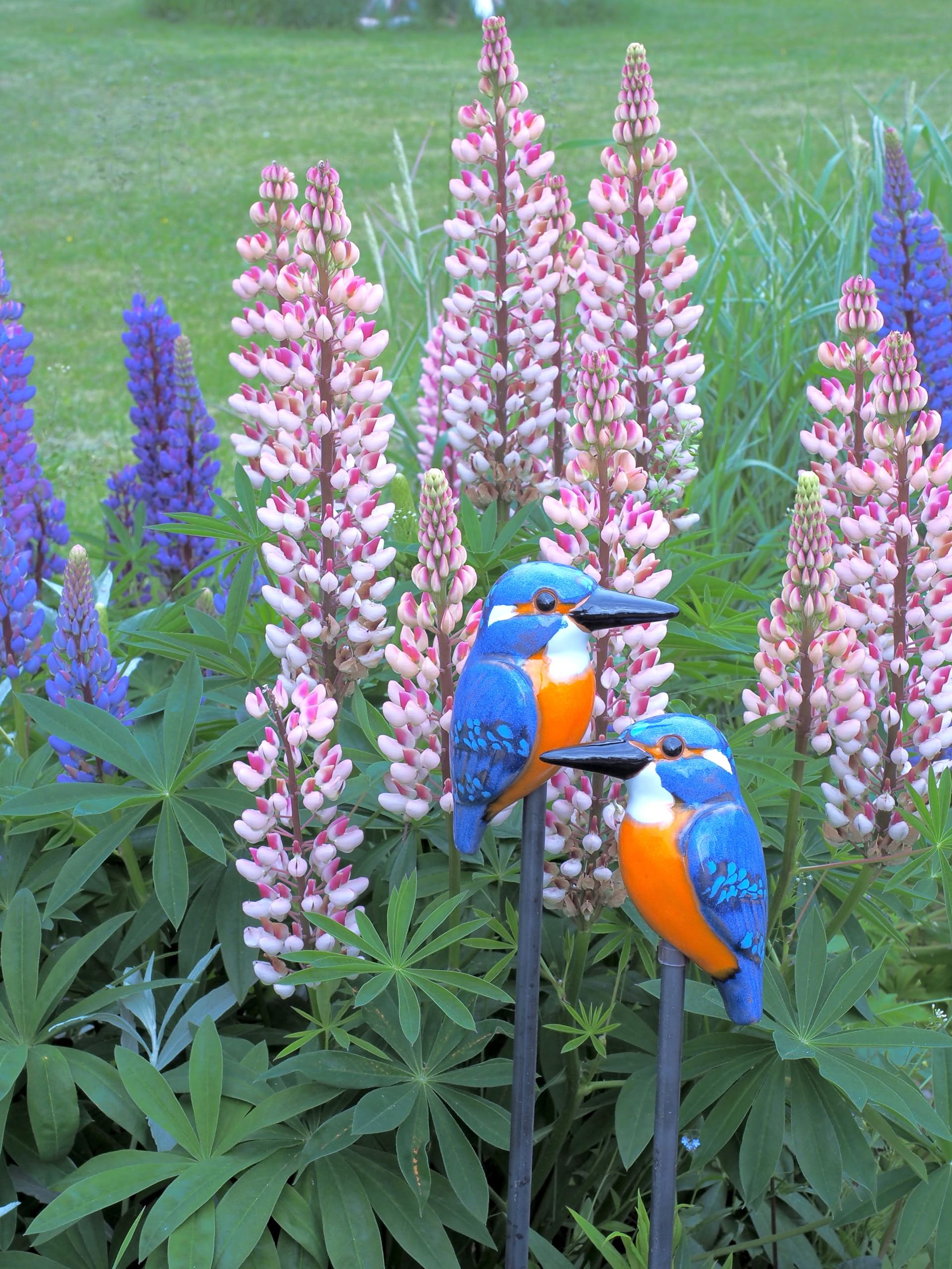 Gartenstecker Keramik Handgefertigt - Gartendeko für Draußen Wetterfest - Garten Deko Keramik - Vogel Gartenfiguren & Gartenstatuen - Eisvogel