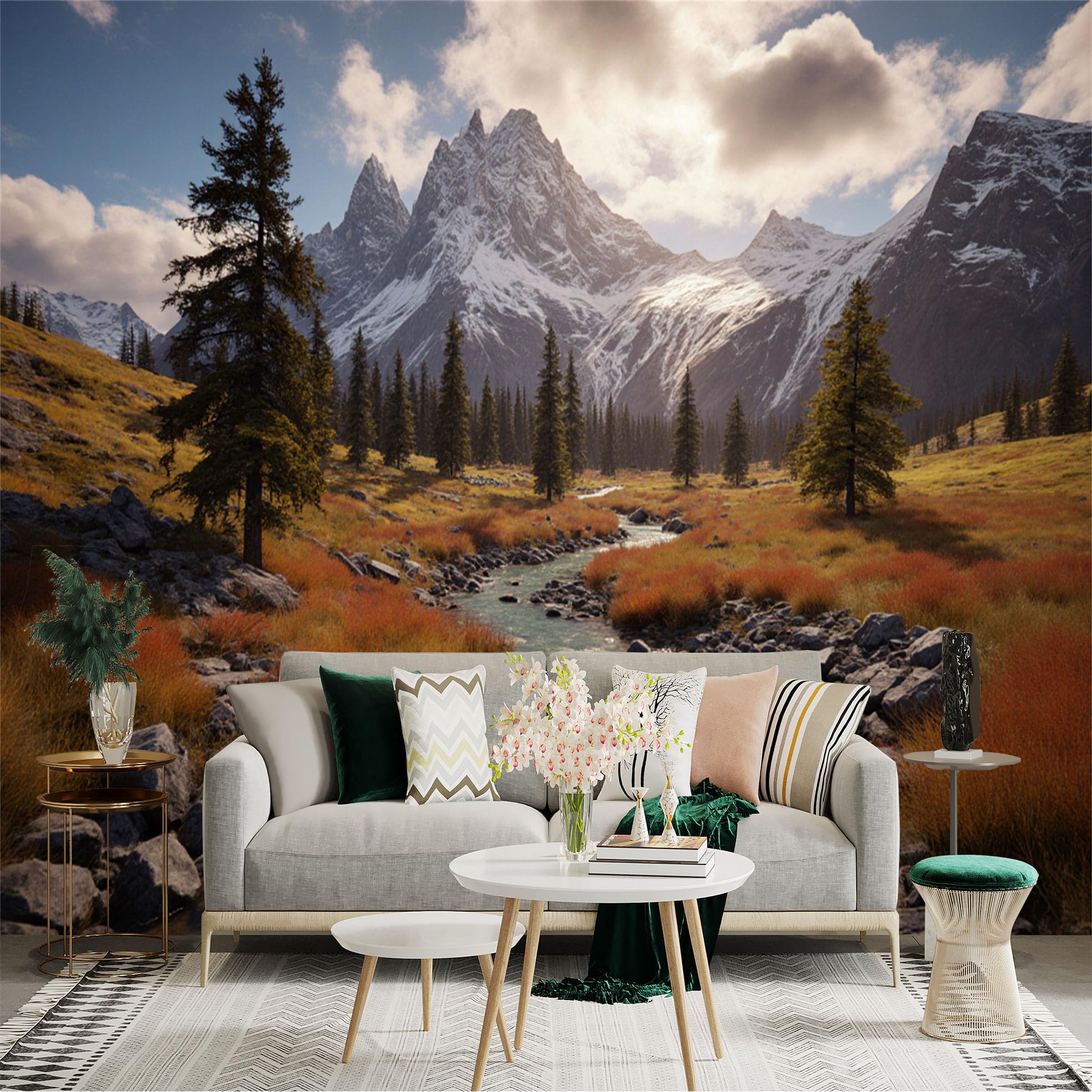 Custom Size Wall Sticker Mural， Snowy Mountain Valley with River， Pine Trees and Autumn Meadow， for wall Decoration， peelandstick wall Decals.