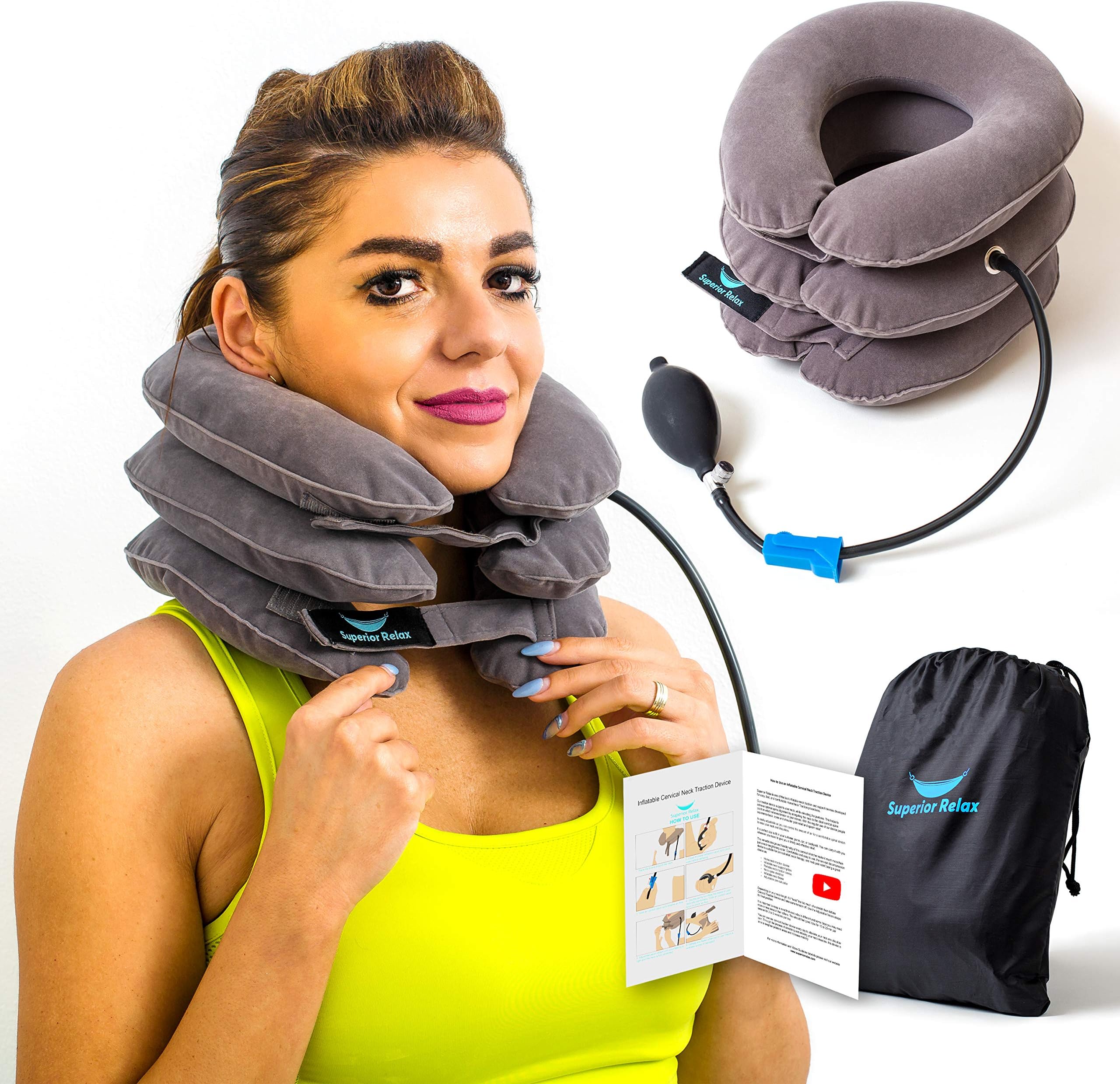Cervical Neck Traction Device & Collar Brace, Inflatable & Adjustable Neck Support Pillow is Ideal for Spine Alignment, Chronic Neck Pain Relief and Shoulder Relax Support