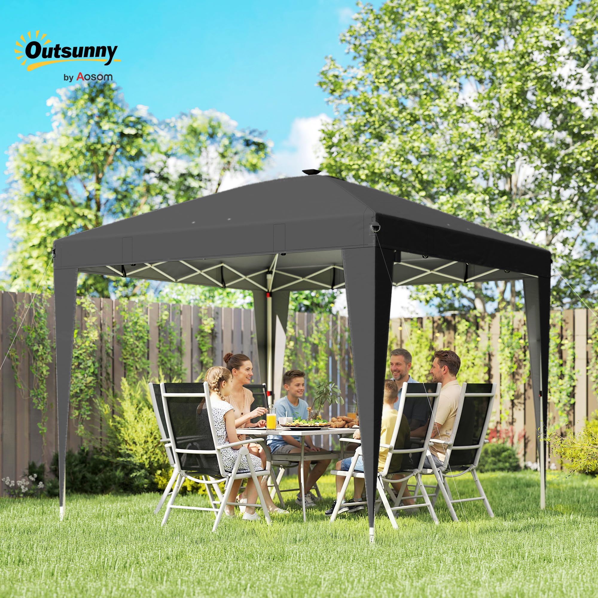 Outsunny Gazebo 3x3 m Pieghevole Pop Up ad Altezza Regolabile UV50+ Nero | Gazebo da Giardino, Luce Centrale e USB, Telecomando, Borsa da Trasporto, per Esterno Campeggio Feste