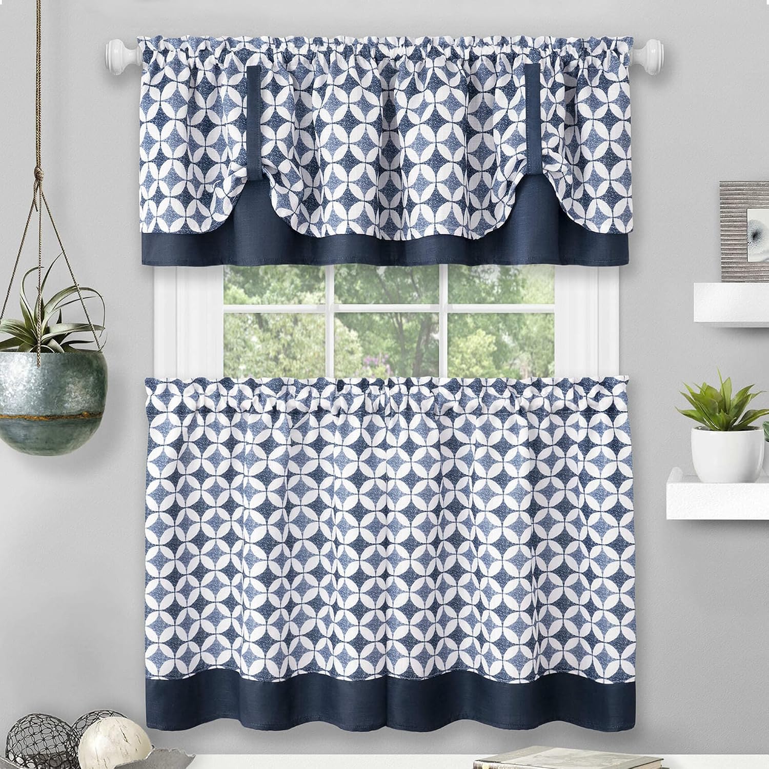 Light Filtering Printed Tier & Valance Window Curtain Set - 58 Inch Width, 36 Inch Length - Callie (Navy), Machine Washable Drape for Kitchen, Living, & Dining Room by Achim Home Decor