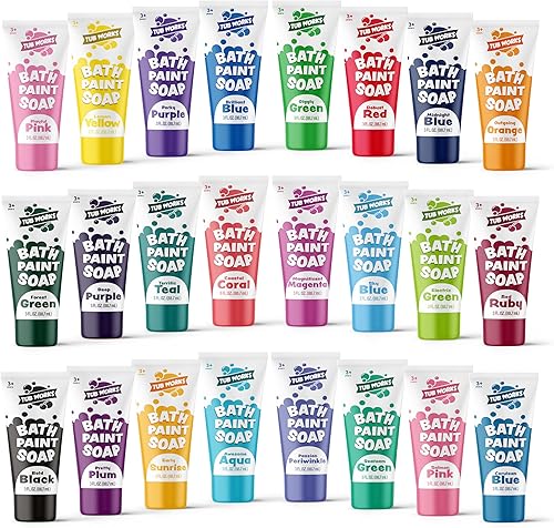 Tub Works Jabón de pintura para dedos de bañera, paquete de 24 Pintura de baño no tóxica, lavable para niños pequeños y niños Juguetes de baño