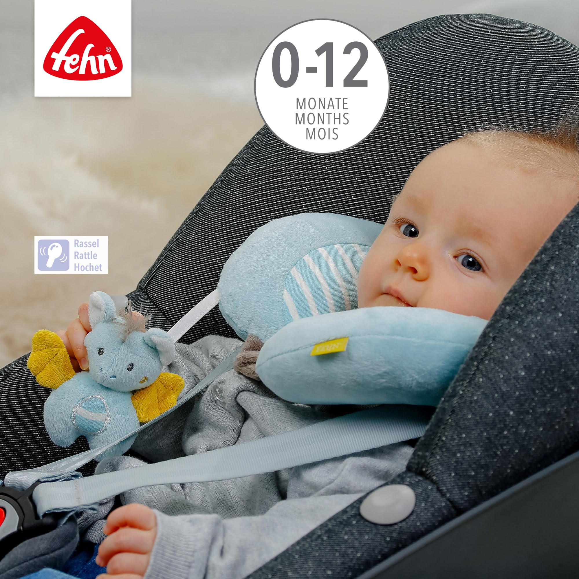 Fehn Fledermaus Nackenkissen Nackenhörnchen - Ergonomische Kopfstütze mit niedlichem Rassel Tier - sichere Kopfhalterung für Auto, Kinderwagen & Kindersitz - für Babys & Kleinkinder von 0-12 Monaten