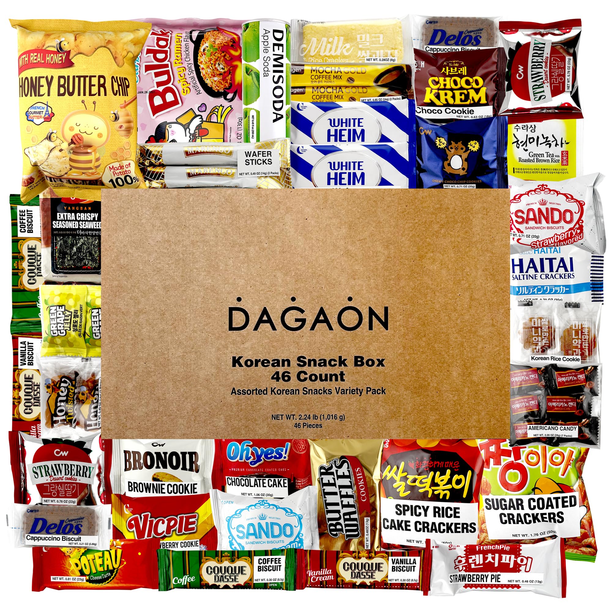 Dagaon Korean Snack Box 46 Count. Assorted Gift Pack Including Chips, Crackers, Cookies, Biscuits, Ramen, Pies, and More. Variety Gift Set.