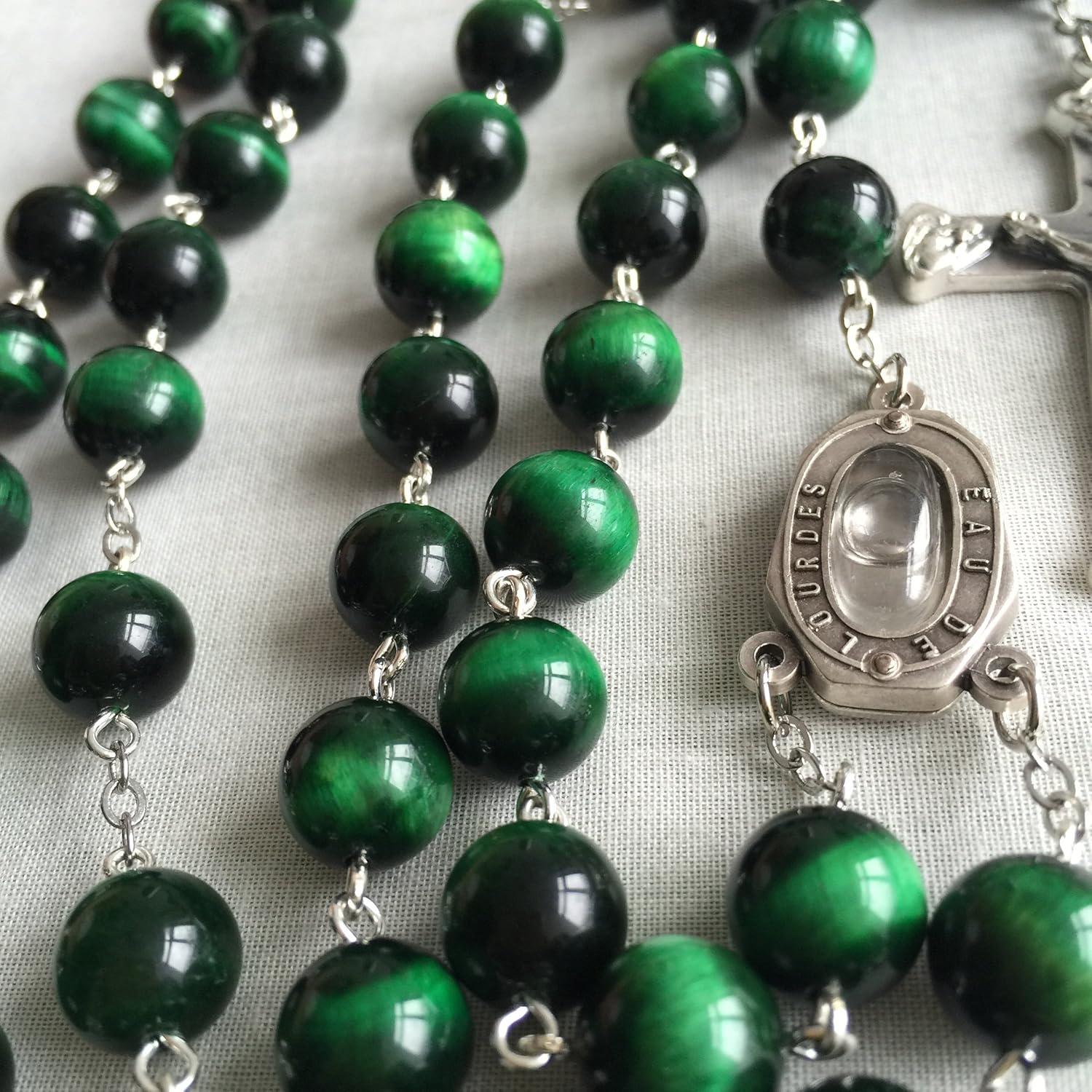 elegantmedical HANDMADE 10MM green Tiger Eye Bead Rosary CROSS catholic necklace Lourdes Water medal - Image 6